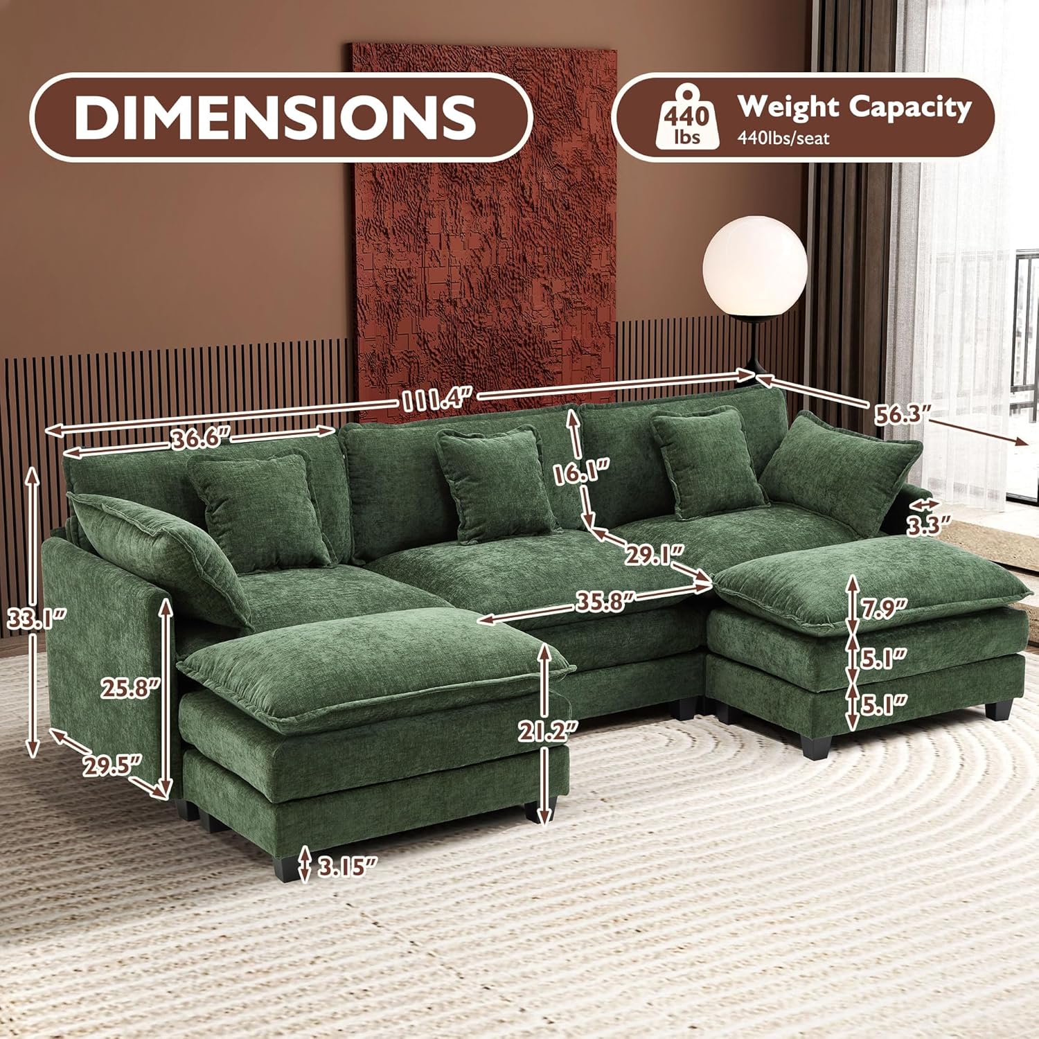ihanherry 146-inch U-shaped modern sofa modular area cloud sofa