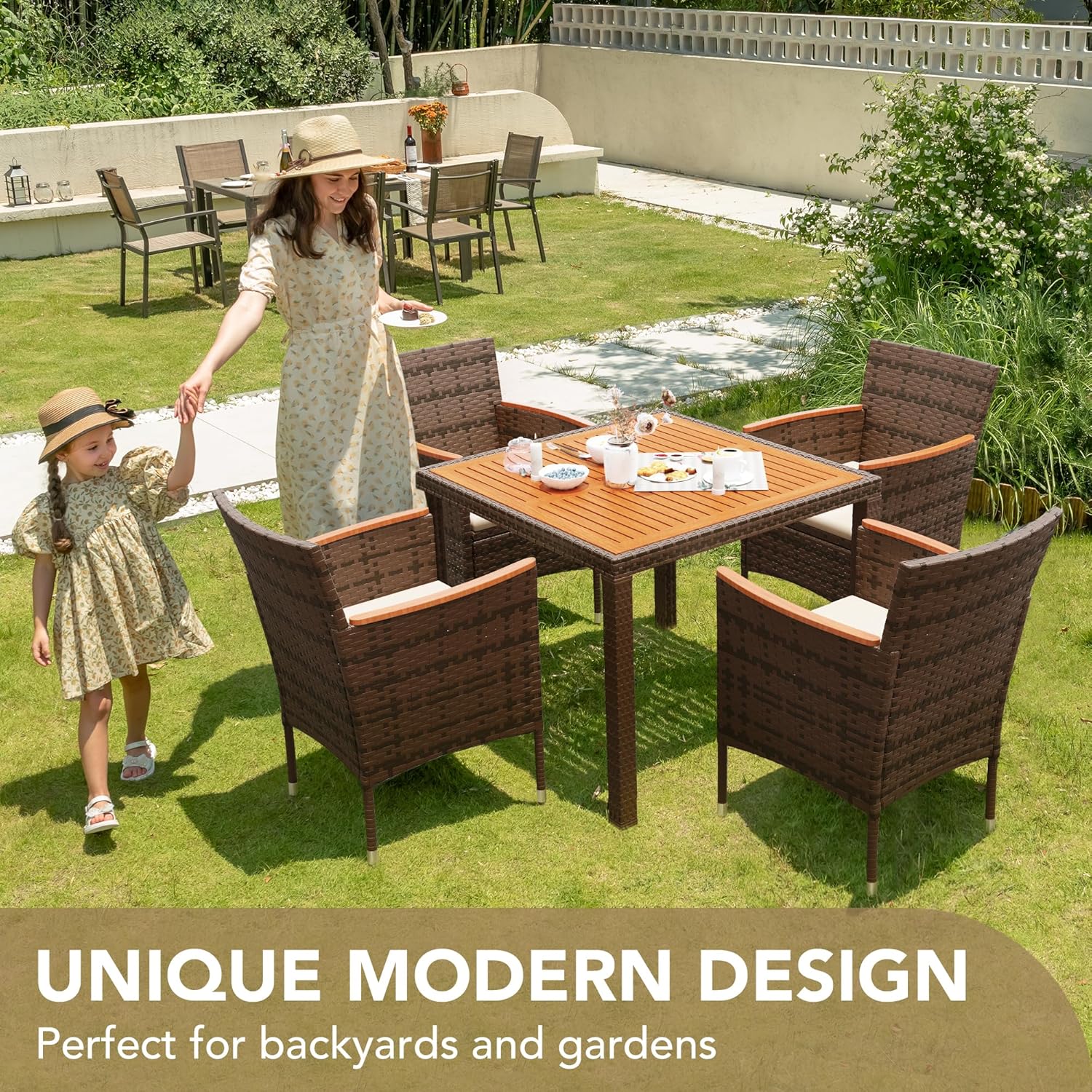 Devoko Dining 7 PCS Furniture, Patio Conversation Set with Acacia Wood Table Top, Rattan Outdoor, Black