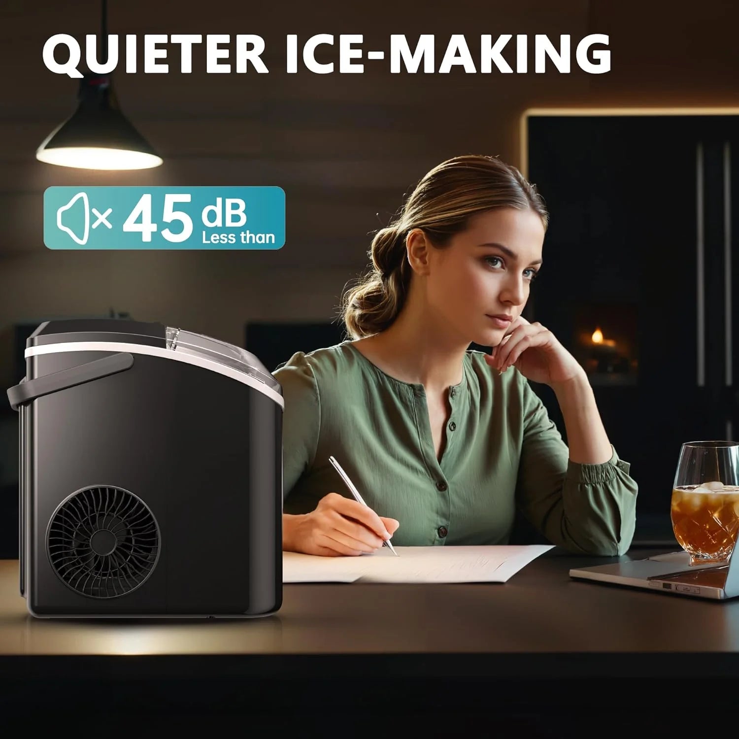 EUHOMY Nugget Ice Maker Countertop with Handle, Ready in 6 Mins, 34lbs Per Day, Removable Top Cover, Auto-Cleaning, Portable Sonic Ice Maker with Basket and Scoop, for Home/Party/RV/Camping (Black)