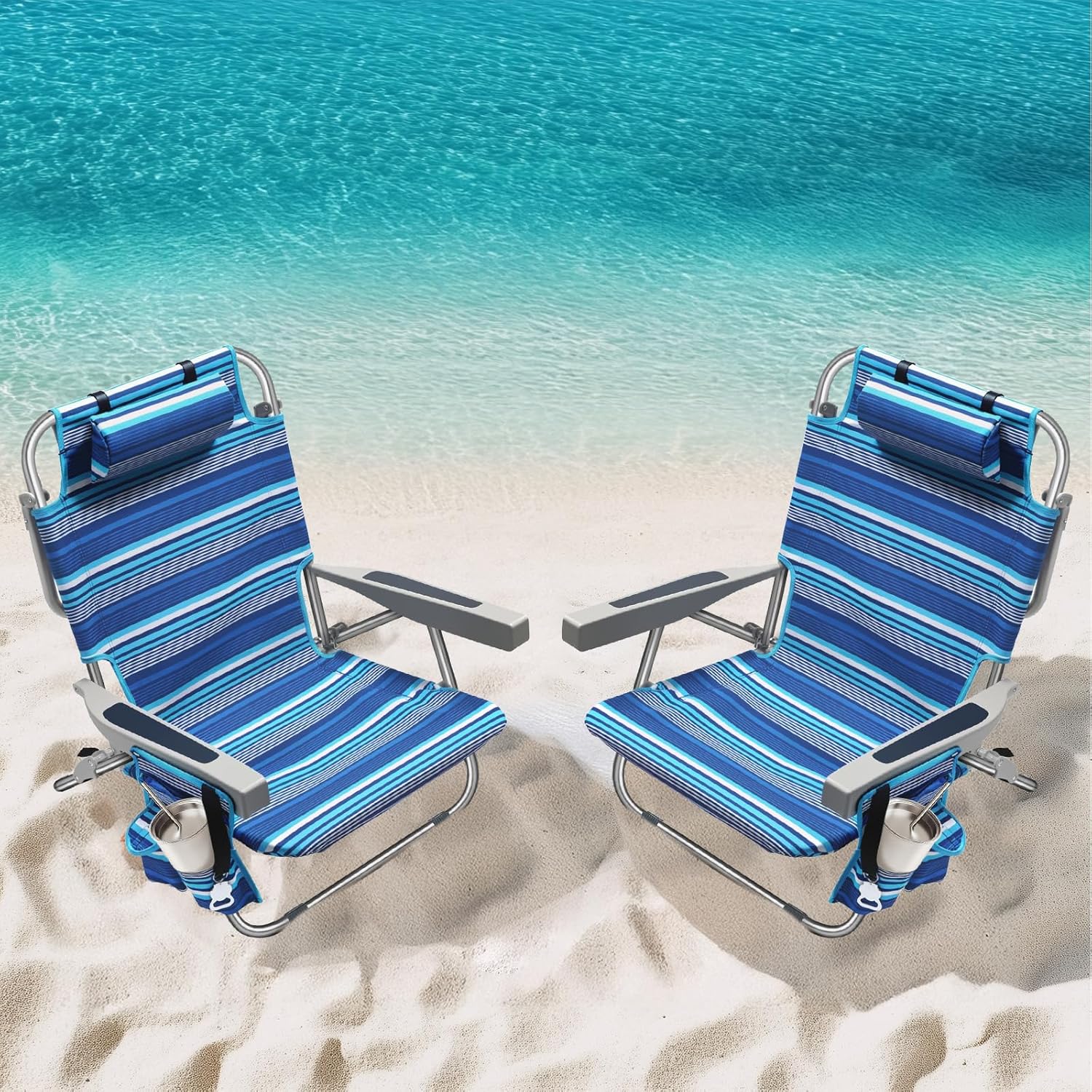 5-Position Aluminum Lay Flat Tall Backpack Beach Chairs 2 Pack Compact Portable Beach Chairs
