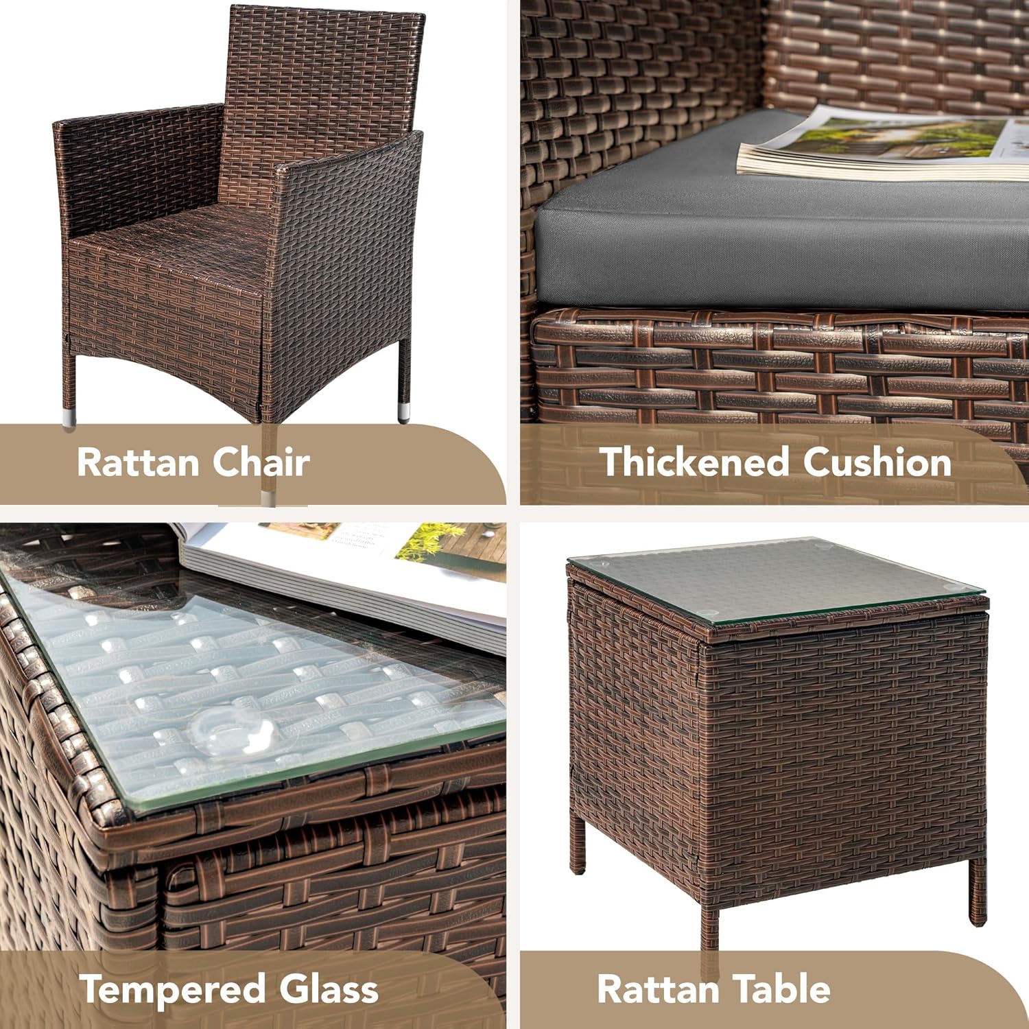 Devoko Patio Porch Furniture Sets 3 Pieces PE Rattan Wicker Chairs with Table Outdoor Garden Furniture Sets (Brown/Beige)