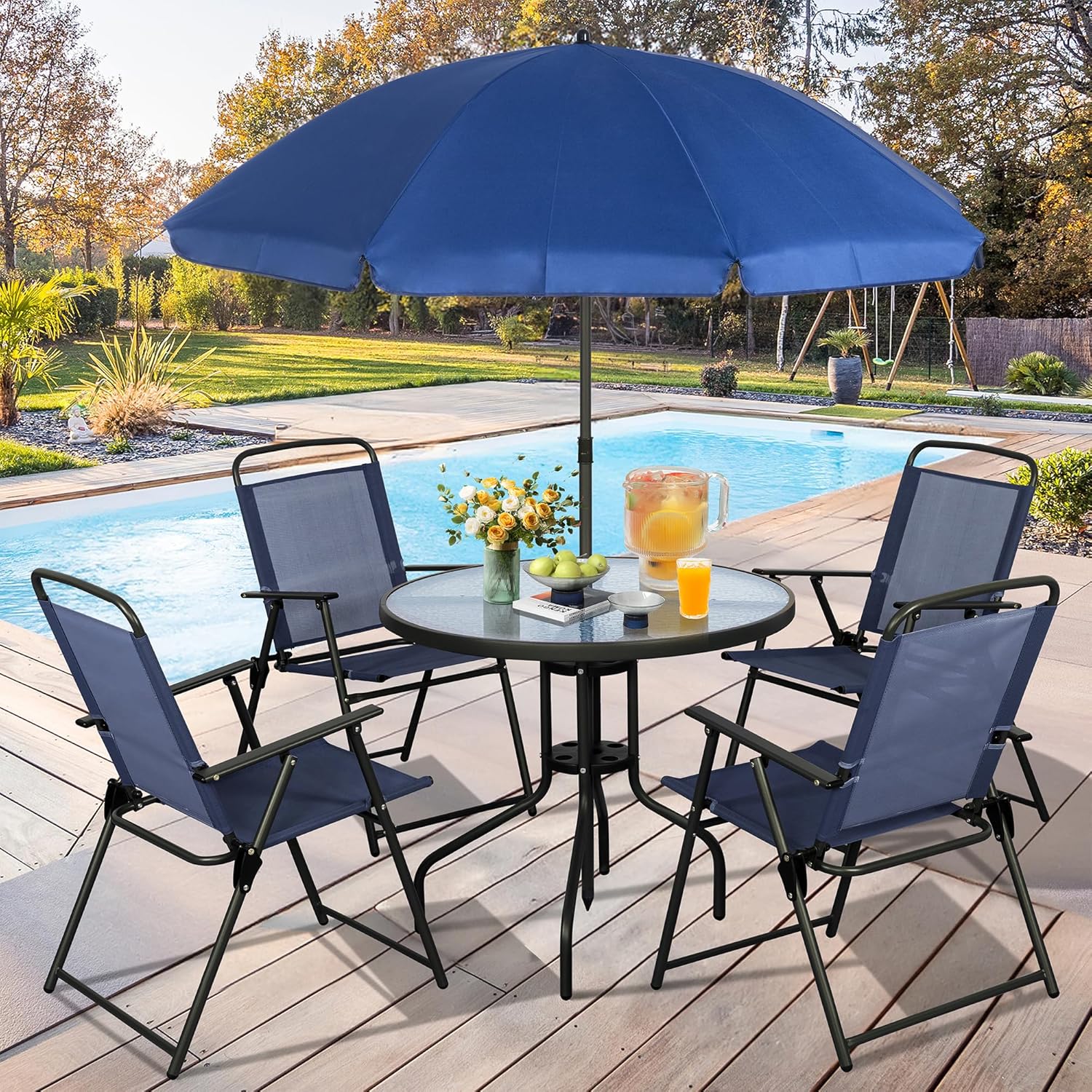 Vongrasig 6 Piece Folding Patio Dining Set,Small Metal Outdoor Garden Patio Table and Chair Set w/Umbrella for Lawn,Deck,Backyard,Black