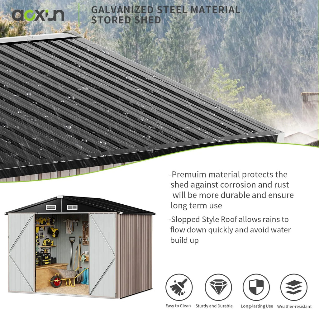 Aoxun 12x10 FT Shed Metal Outdoor Waterproof Storage Shed Steel Utility Garden Tool Shed with Door & Lock Outdoor Storage for Garden Patio Lawn Poolside, Brown