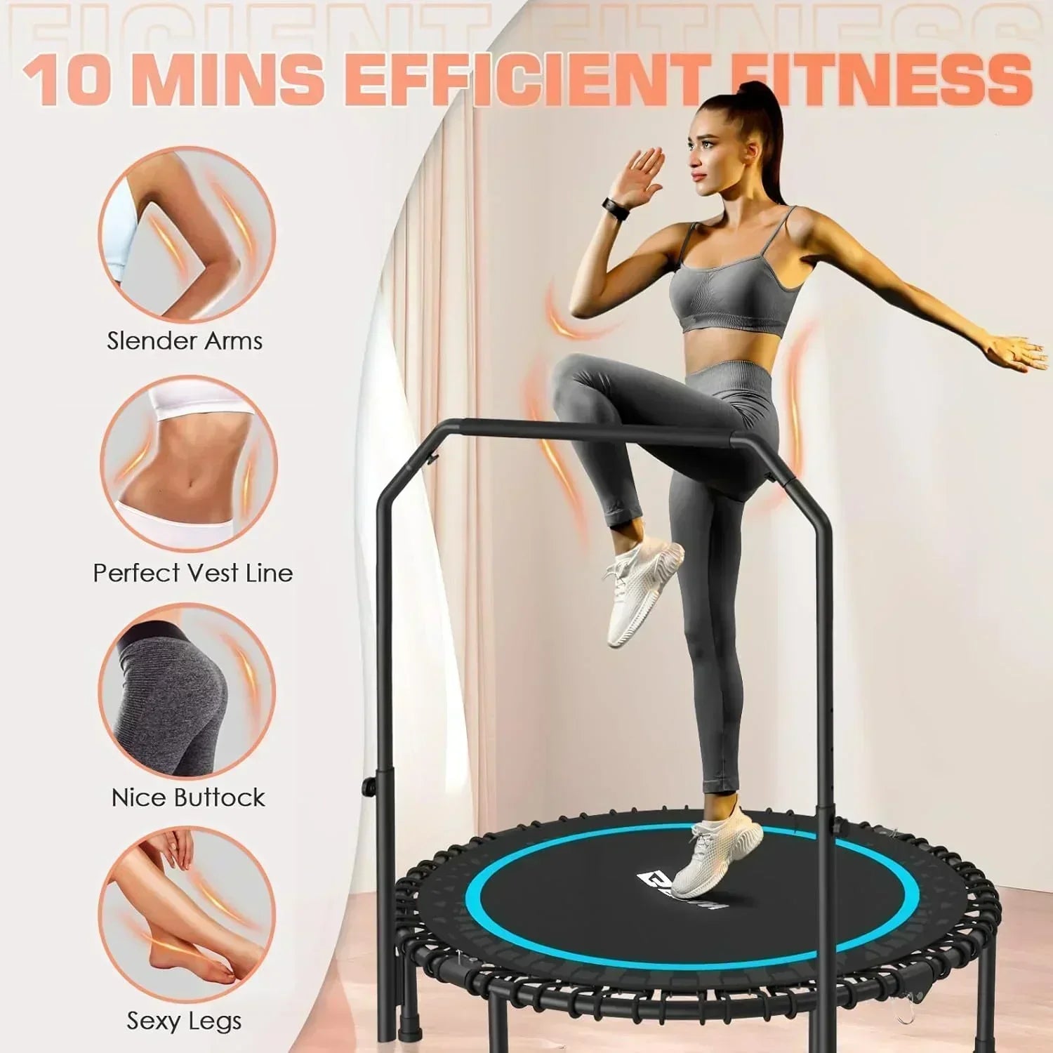 BCAN 450/550 LBS Foldable Mini Trampoline Fitness Trampoline Bungees Adjustable Foam Handle