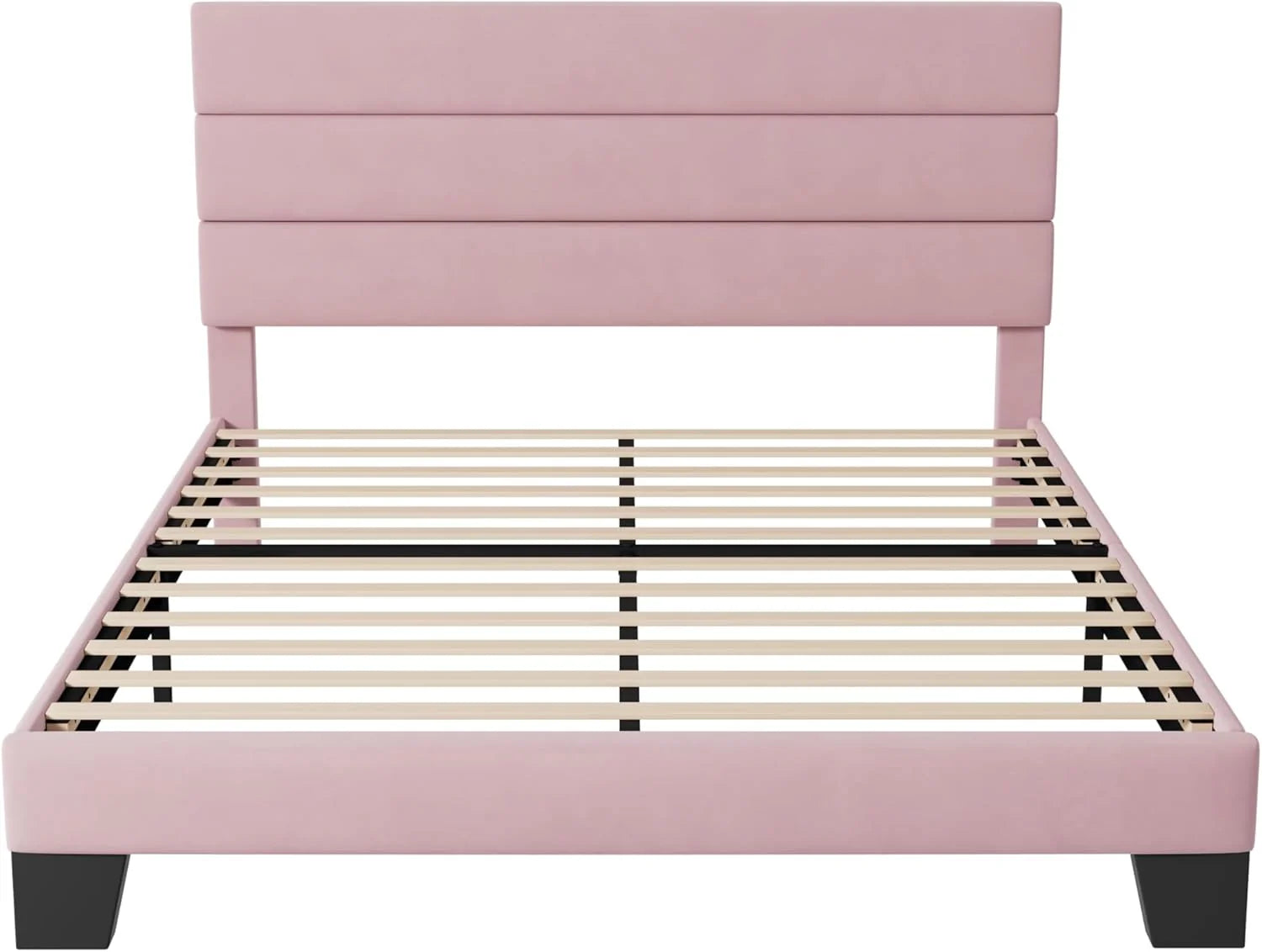 Allewie King size platform bed frame with velvet upholstered headboard and planks