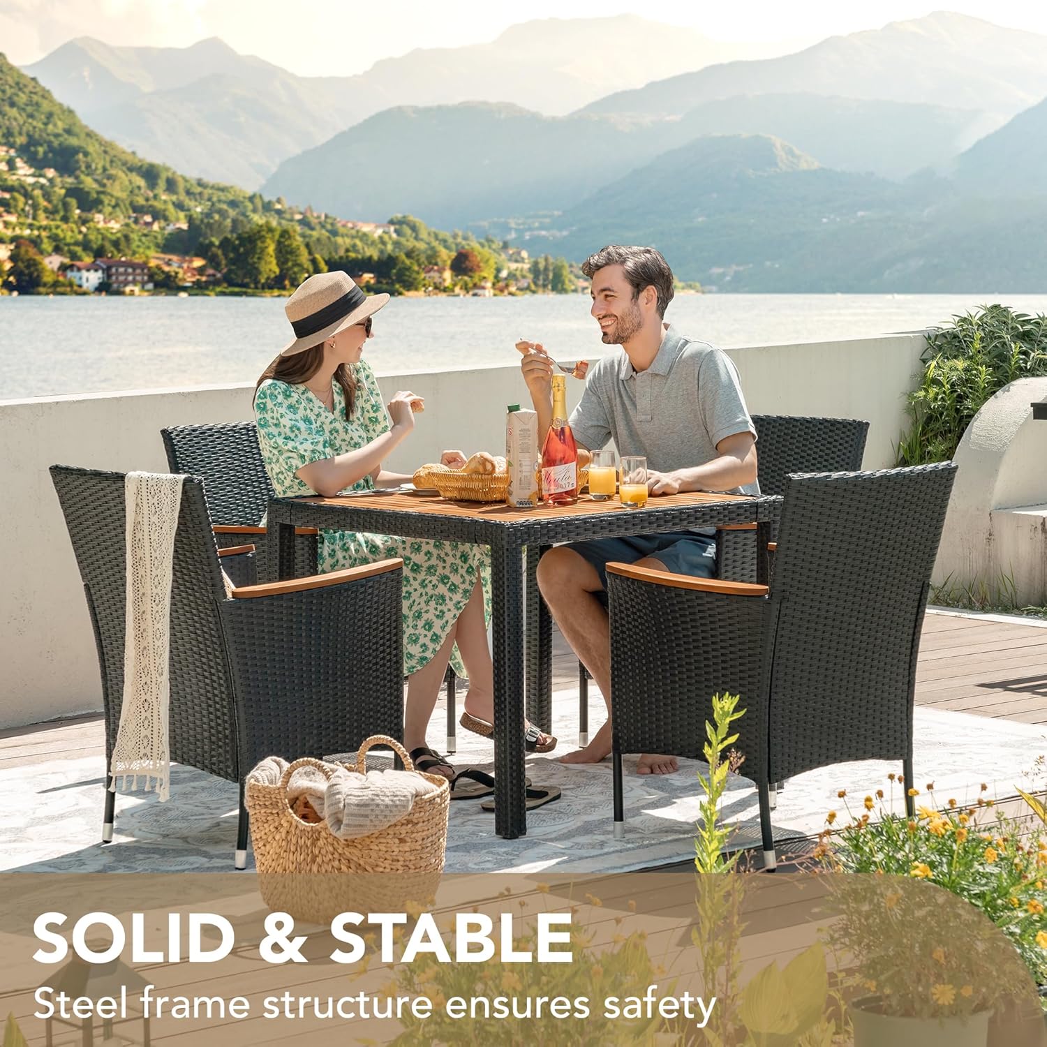 Devoko Dining 7 PCS Furniture, Patio Conversation Set with Acacia Wood Table Top, Rattan Outdoor, Black
