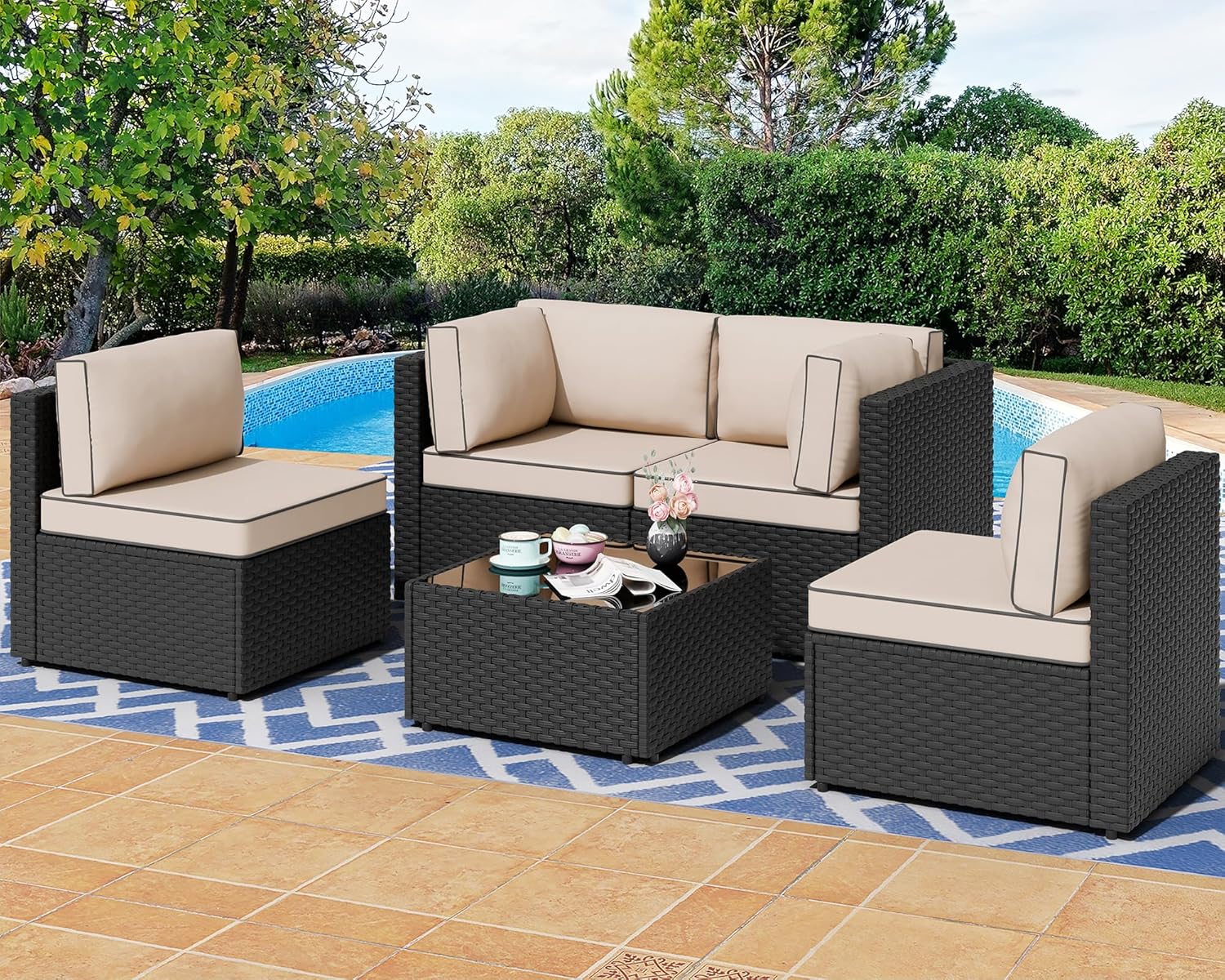 7 Pieces Outdoor Patio Sectional Sofa Couch, Wicker Furniture Patio Conversation Sets with Washable Cushions & Coffee Table for Garden, Poolside, Backyard