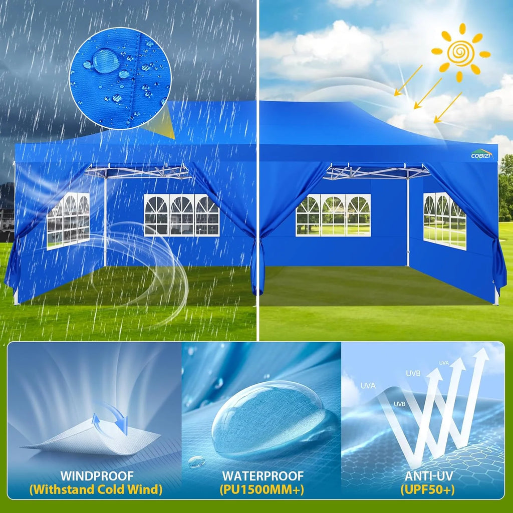 COBIZI 10x20 Heavy Duty Pop up Canopy Tent with 6 sidewalls Easy Up Commercial Outdoor Canopy Wedding Party Tents for Parties All Season Wind & Waterproof Gazebo with Roller Bag,Black(Frame Thickened)