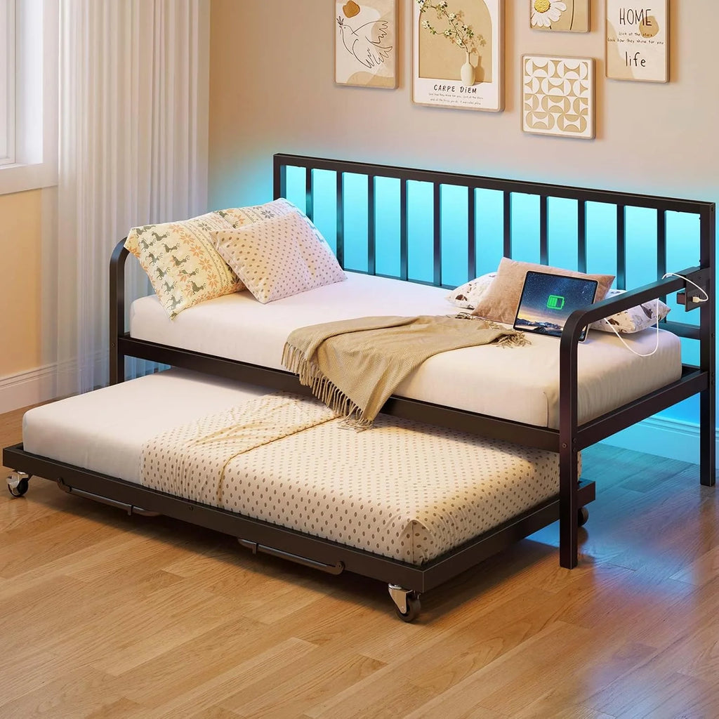 Rolanstar Daybed with Charging Station and LED Lights, Height Adjustable Twin Daybed with Trundle, Metal Sofa Bed Frame with Steel Slat Support