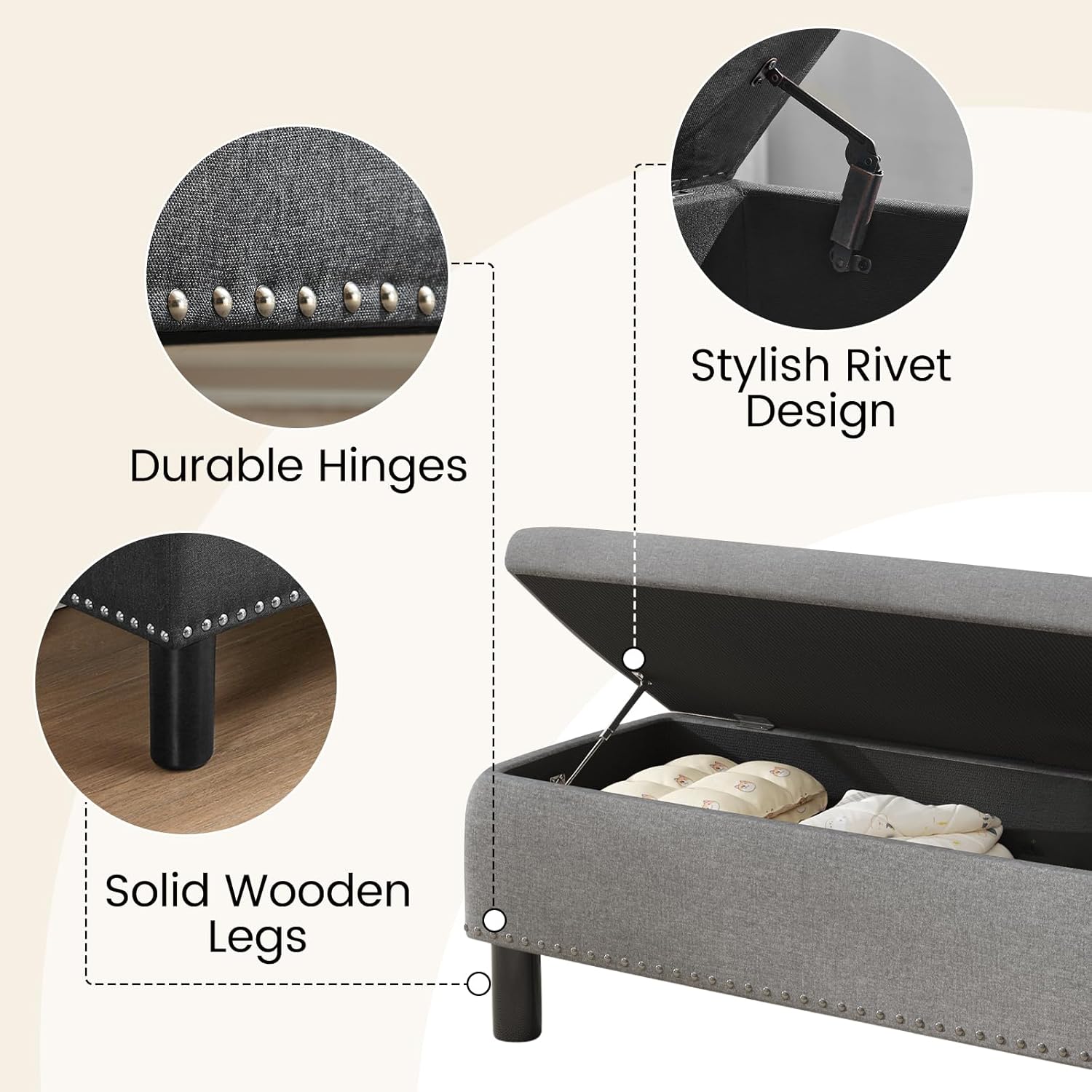 Furniliving Modern Storage Ottoman Bench, Sherpa Ottoman End of Bed Bench with Solid Wood Legs Upholstered Ottoman Benches with Storage Indoor Bench