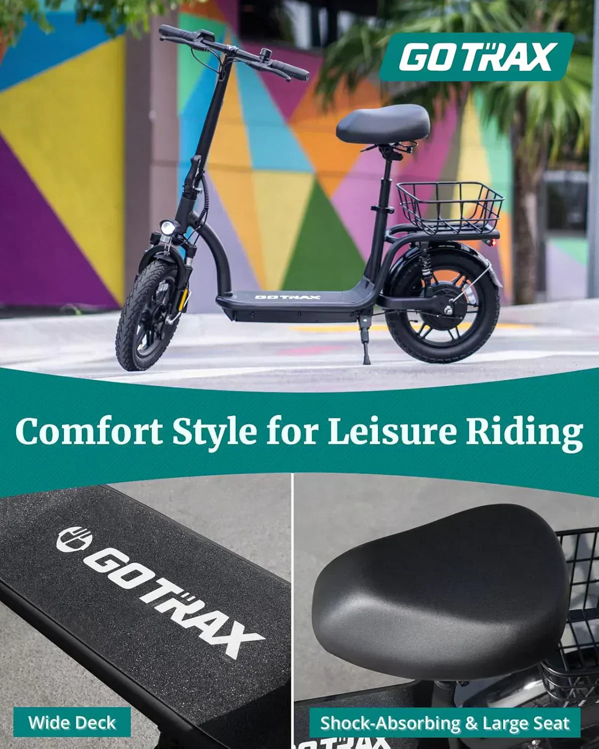 Gotrax adult electric scooter with seat maximum range of 19-25 miles all-terrain tires wide pedals