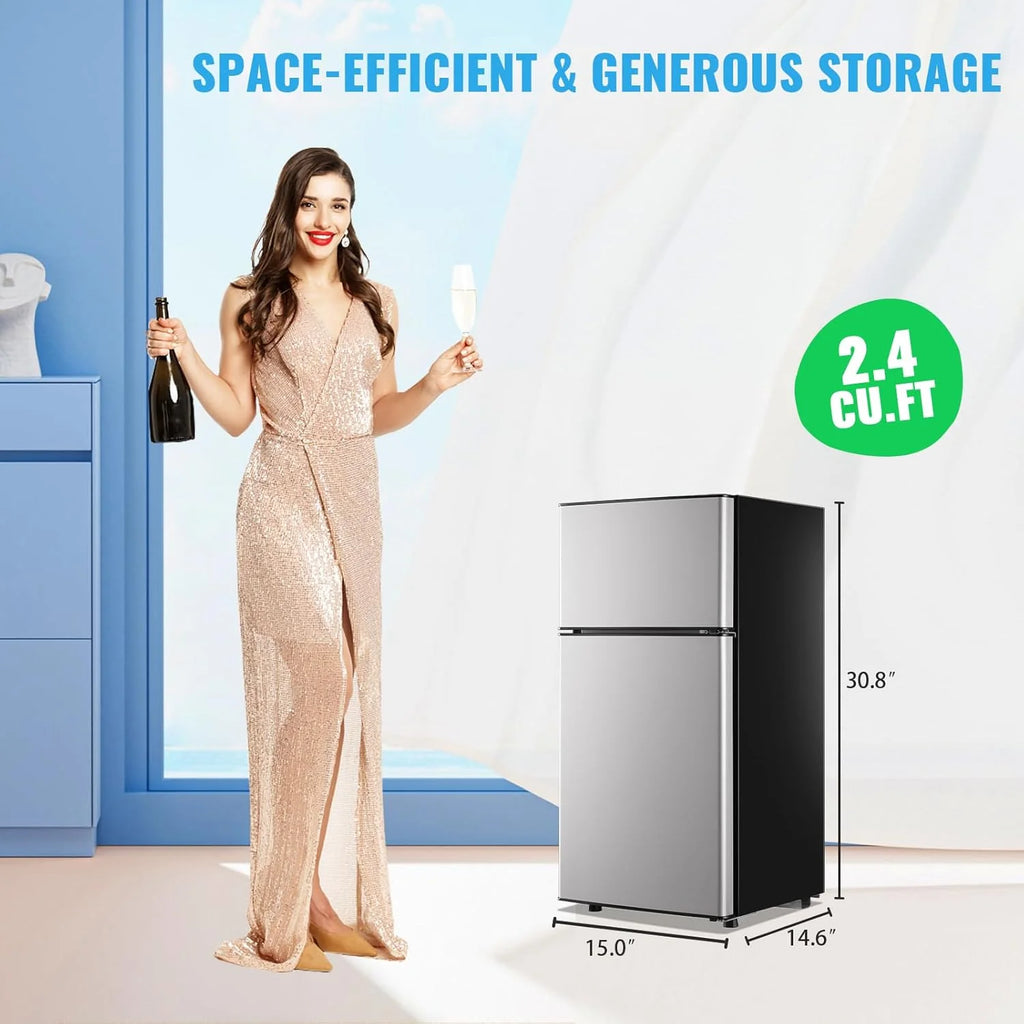 2.4 Cu.Ft Mini Fridge with Freezer & Double Door Small Tiny Size Refrigerator with 7 Temperature Control Knob Only Suitable for One Person Use Black