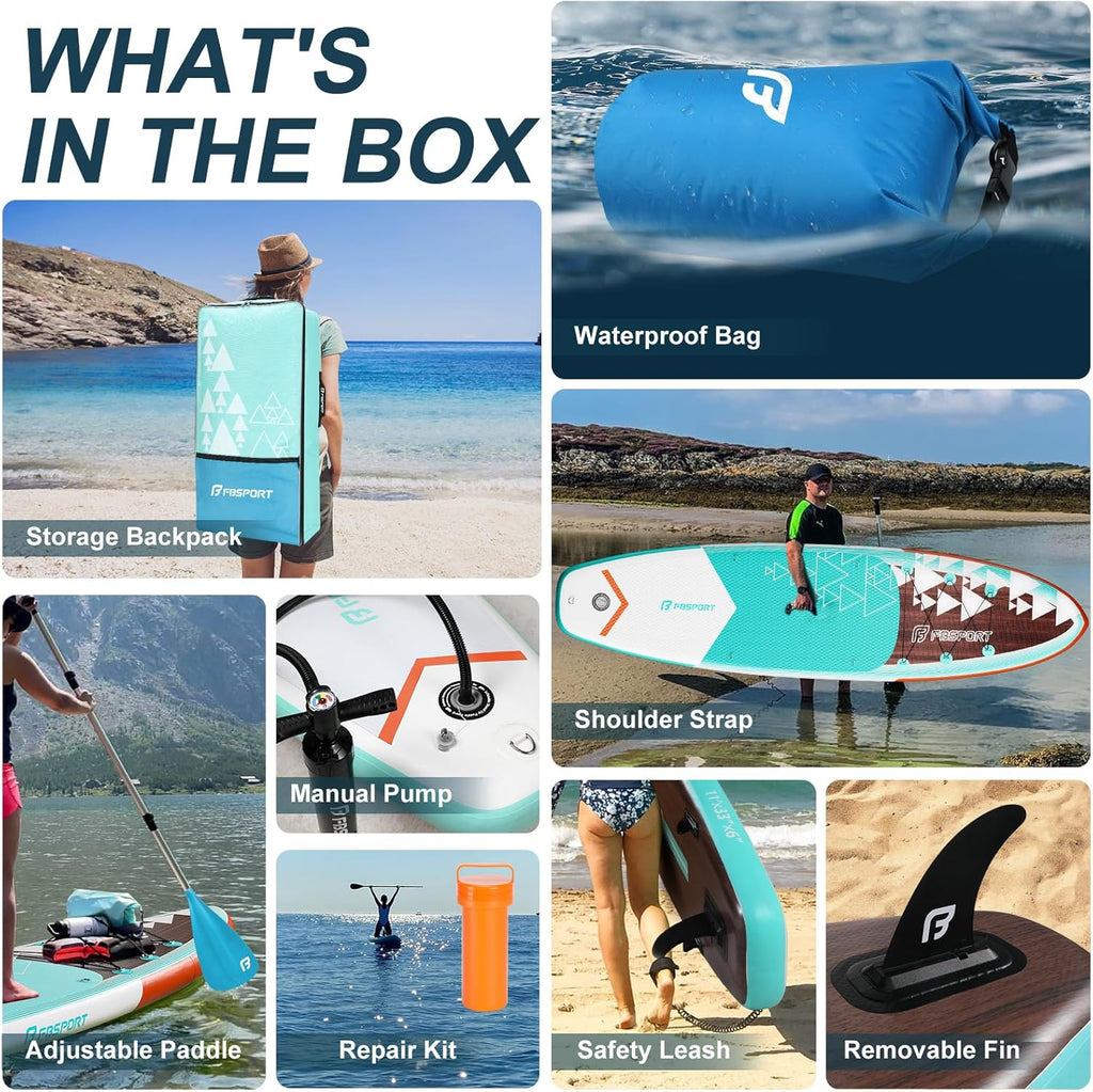 FBSPORT 11' Premium Stand Up Paddle Board, Yoga Board with Durable SUP Accessories & Carry Bag | Wide Stance, Surf Control, Non-Slip Deck, Leash, Paddle and Pump for Youth & Adult