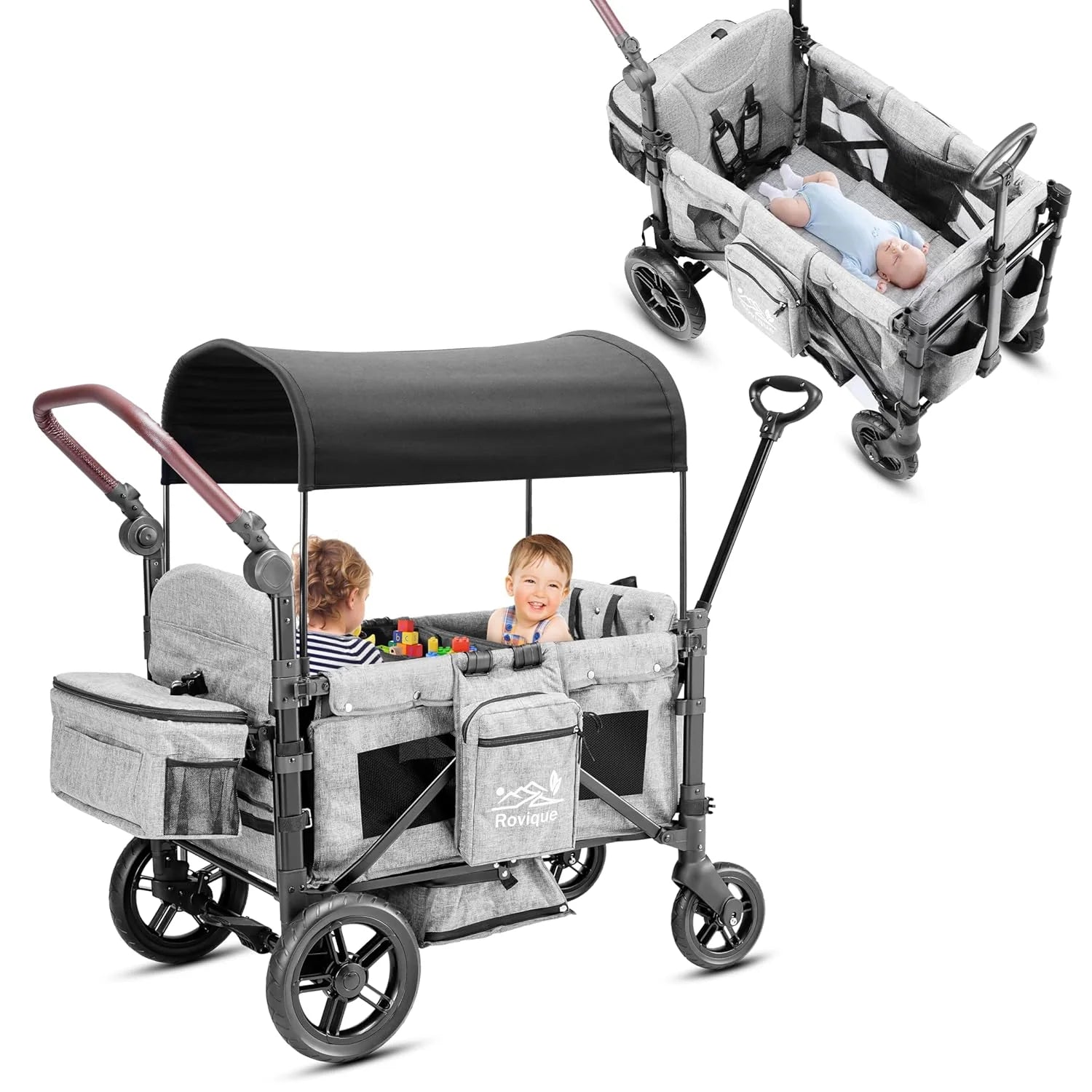 Wagon Stroller for 2 Kids,Premium Wagon for Kids with Removable Canopy, Snack Tray, Convertible Baby Bassinet, 5-Point Safety Harness, All-Terrain PU Wheels & Adjustable Push/Pull Handle,Grey