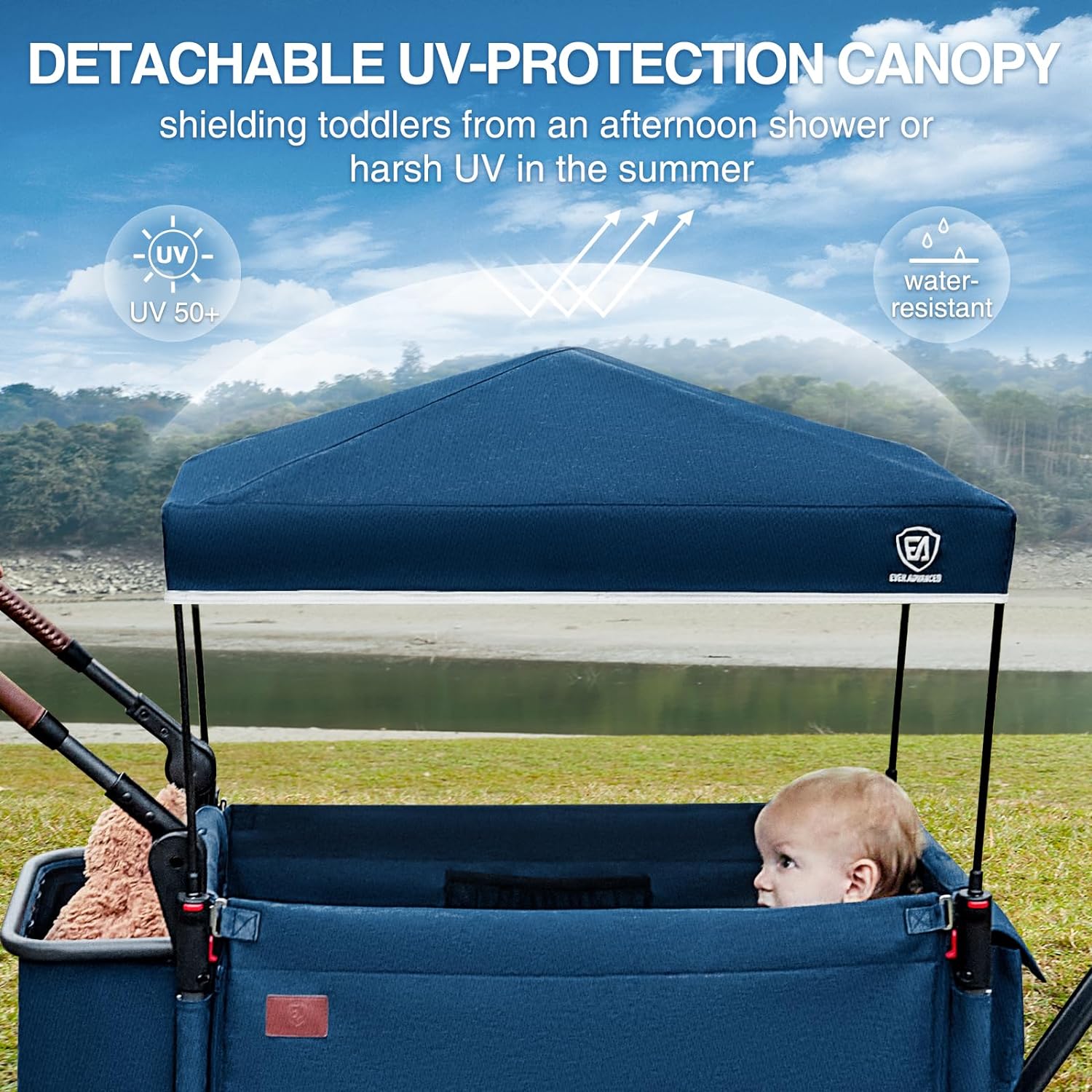 EVER ADVANCED Side-unzip Wagon Stroller for 2 Kids, Push Pull Stroller with Adjustable Handle, Easy Access Front Zipper Door, 5-Point Harness Removable UV-Protection Canopy Shock-Absorbing Wheels,Grey