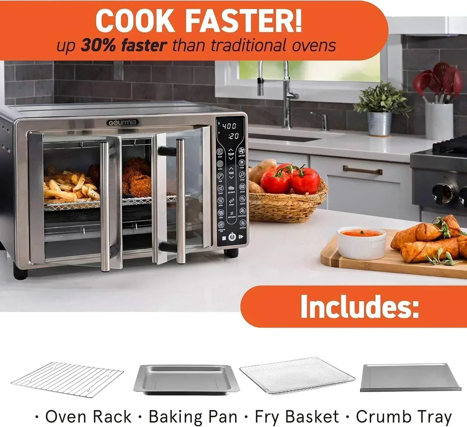 Gourmia Oven Air Fryer Combo with 17 Cooking Presets 24L Capacity Convection Rack