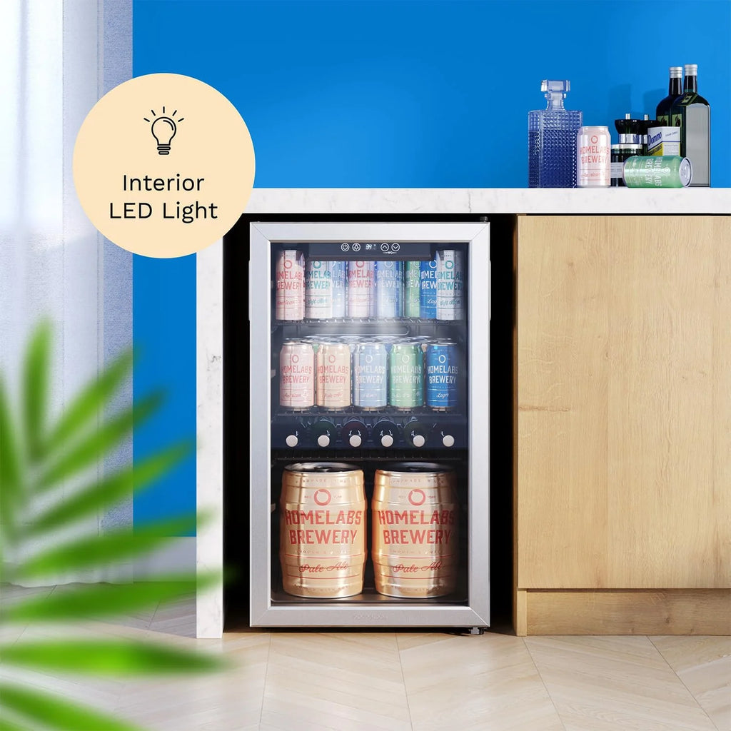 hOmeLabs Beverage Refrigerator and Cooler - Mini Fridge with Glass Door for Soda Beer or Wine - 120 Cans Capacity - Small Drink Dispenser Machine for Office or Bar with Adjustable Removable Shelves