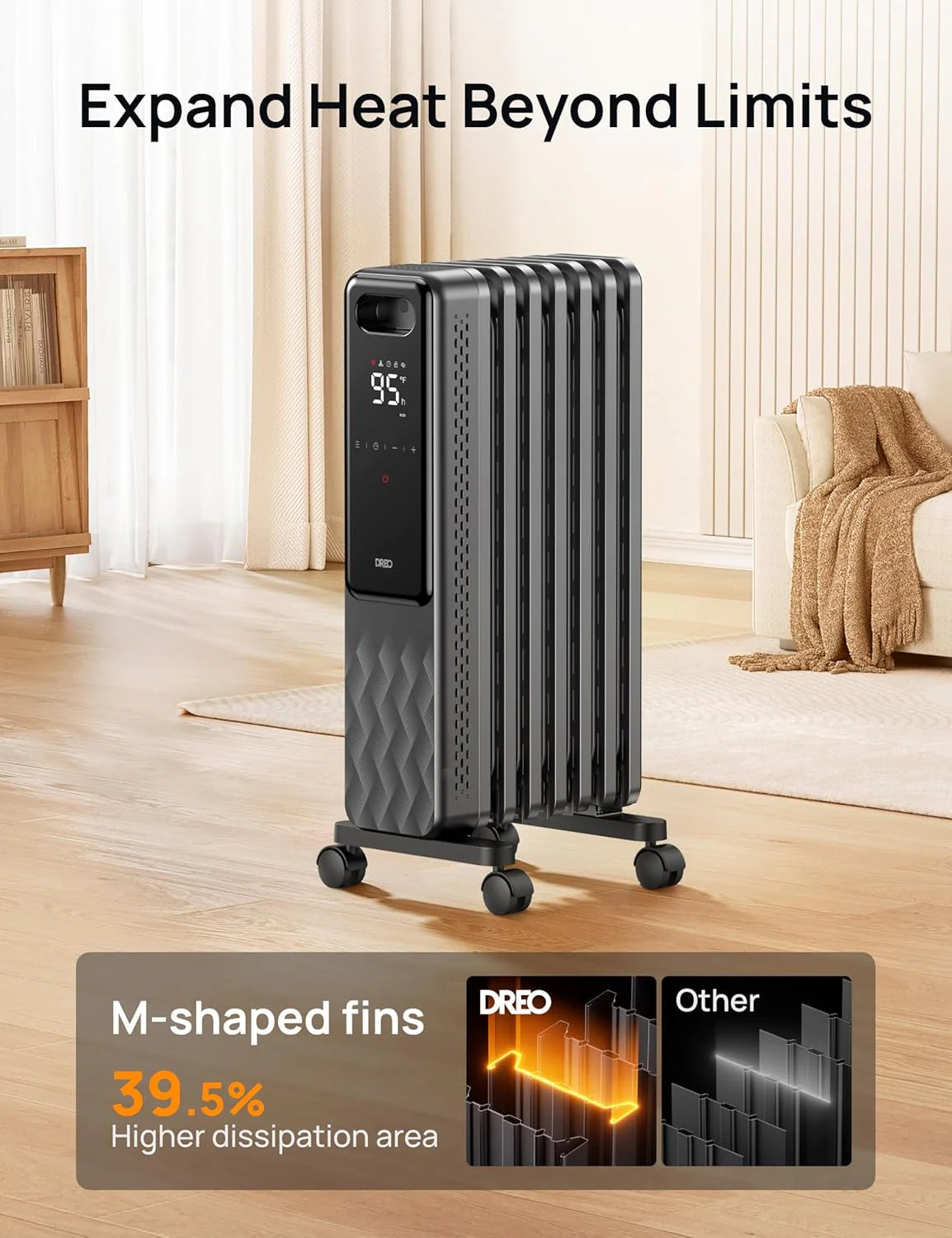 Indoor electric radiant heater with overheat and tip-over protection, digital thermostat, oil-filled radiator