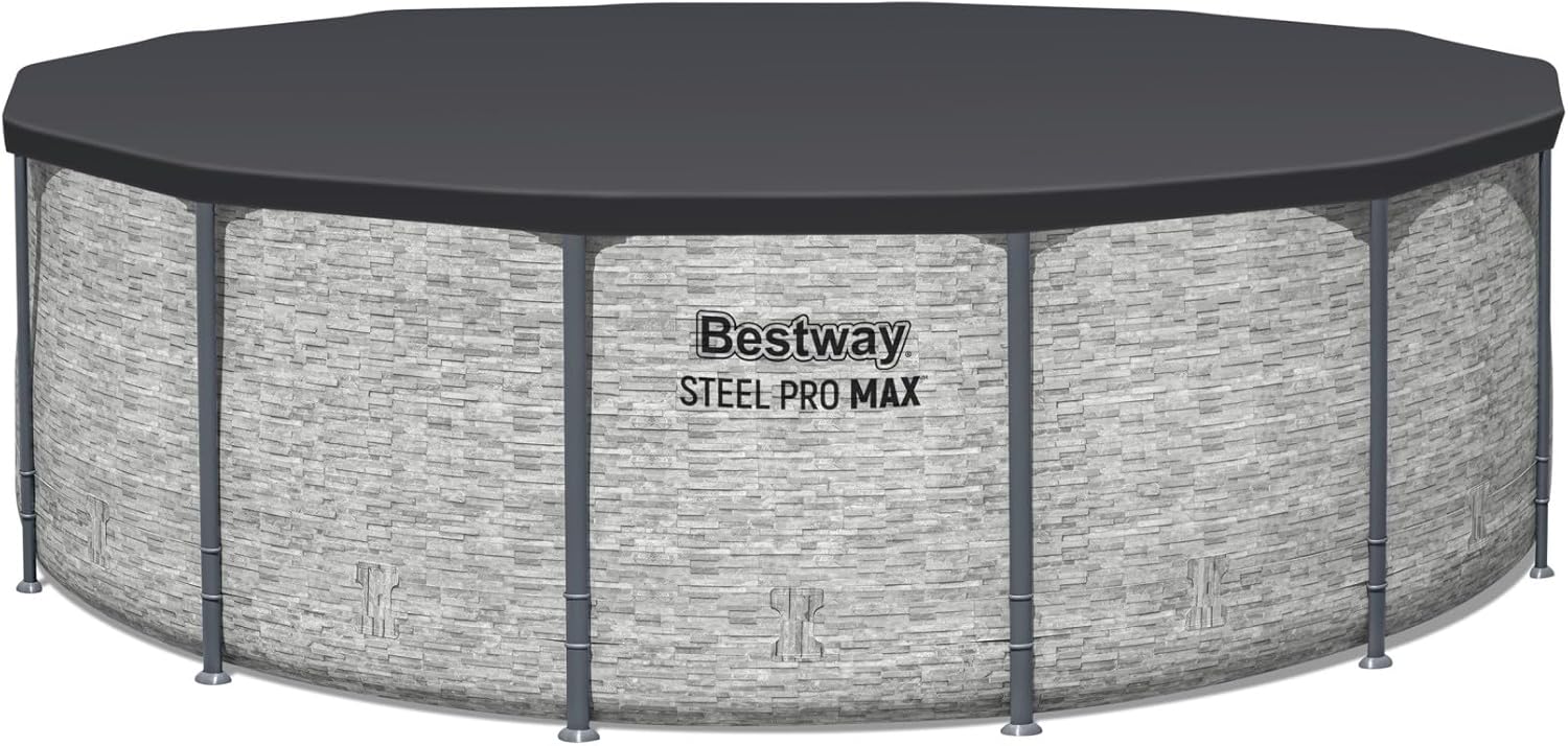 Steel Pro MAX 14 Foot x 48 Inch Round Metal Frame Above Ground Outdoor Swimming Pool Set with 1,000 Filter Pump, Ladder, and Cover, Gray
