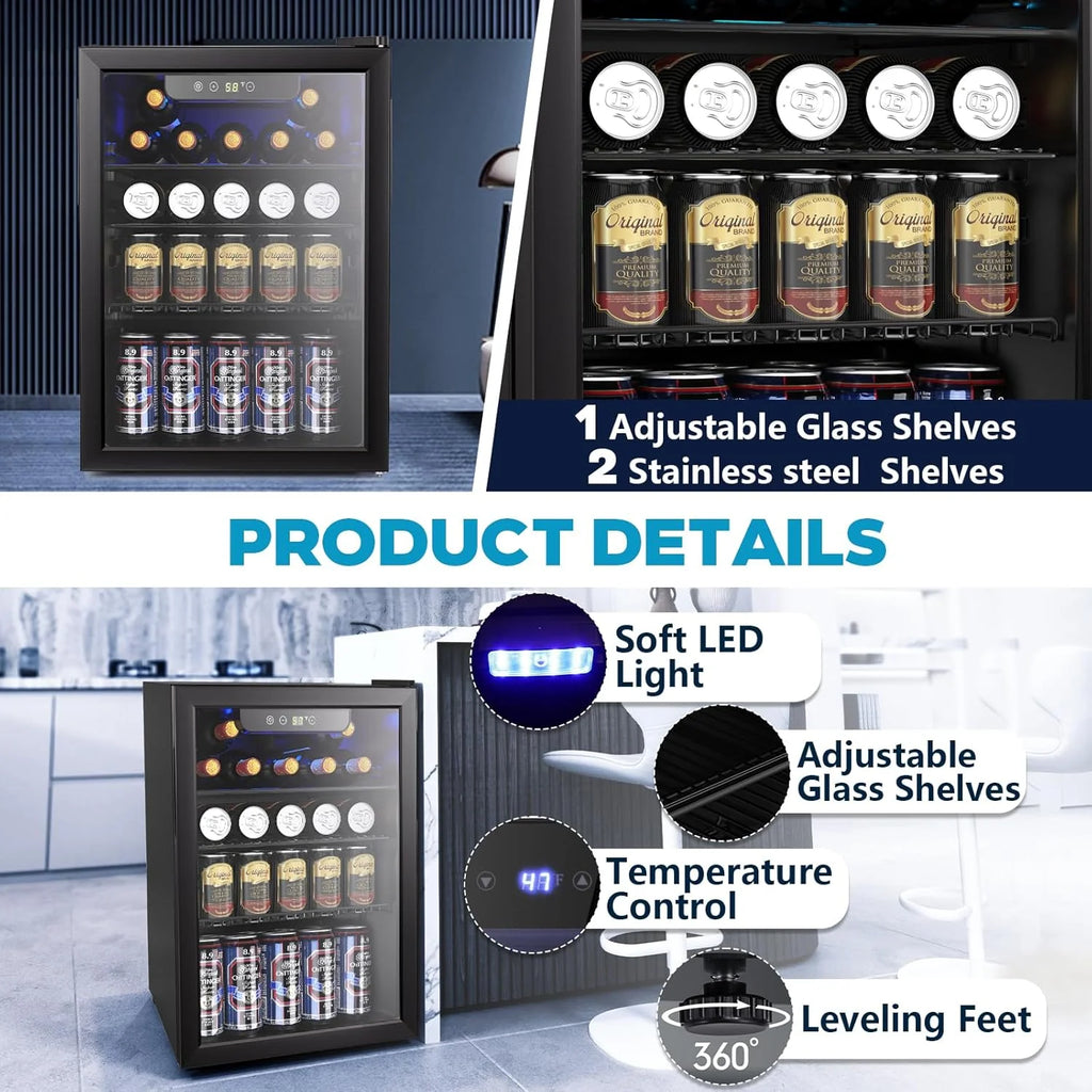 Mini Fridge 130 Can Beverage Refrigerator Cooler, 3.2 Cu.Ft Drink Fridge for Soda Wine Beer, Adjustable Temperature Control for Home Office, Black