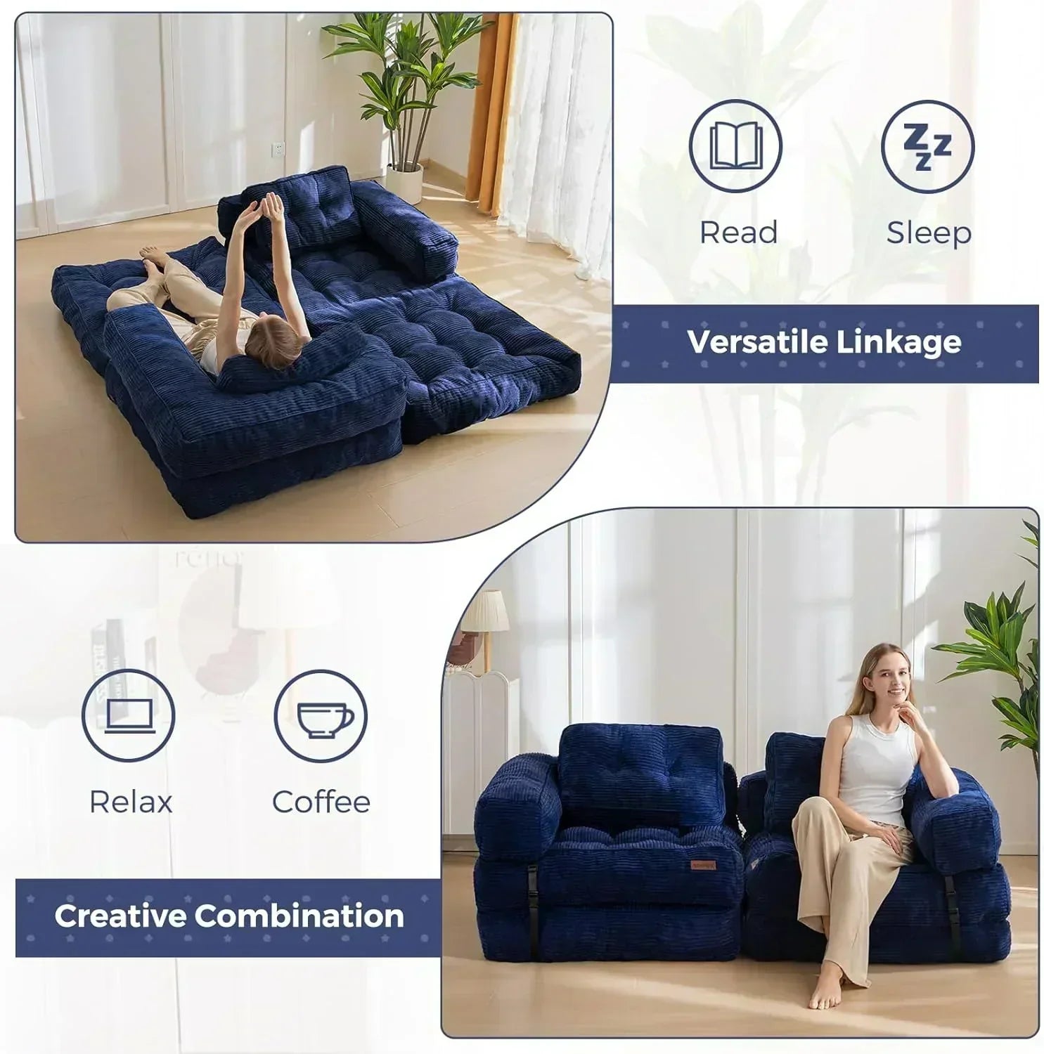 Folding Sofa Bed L-Shaped Convertible Sofa Bed with Armrests and Pillows