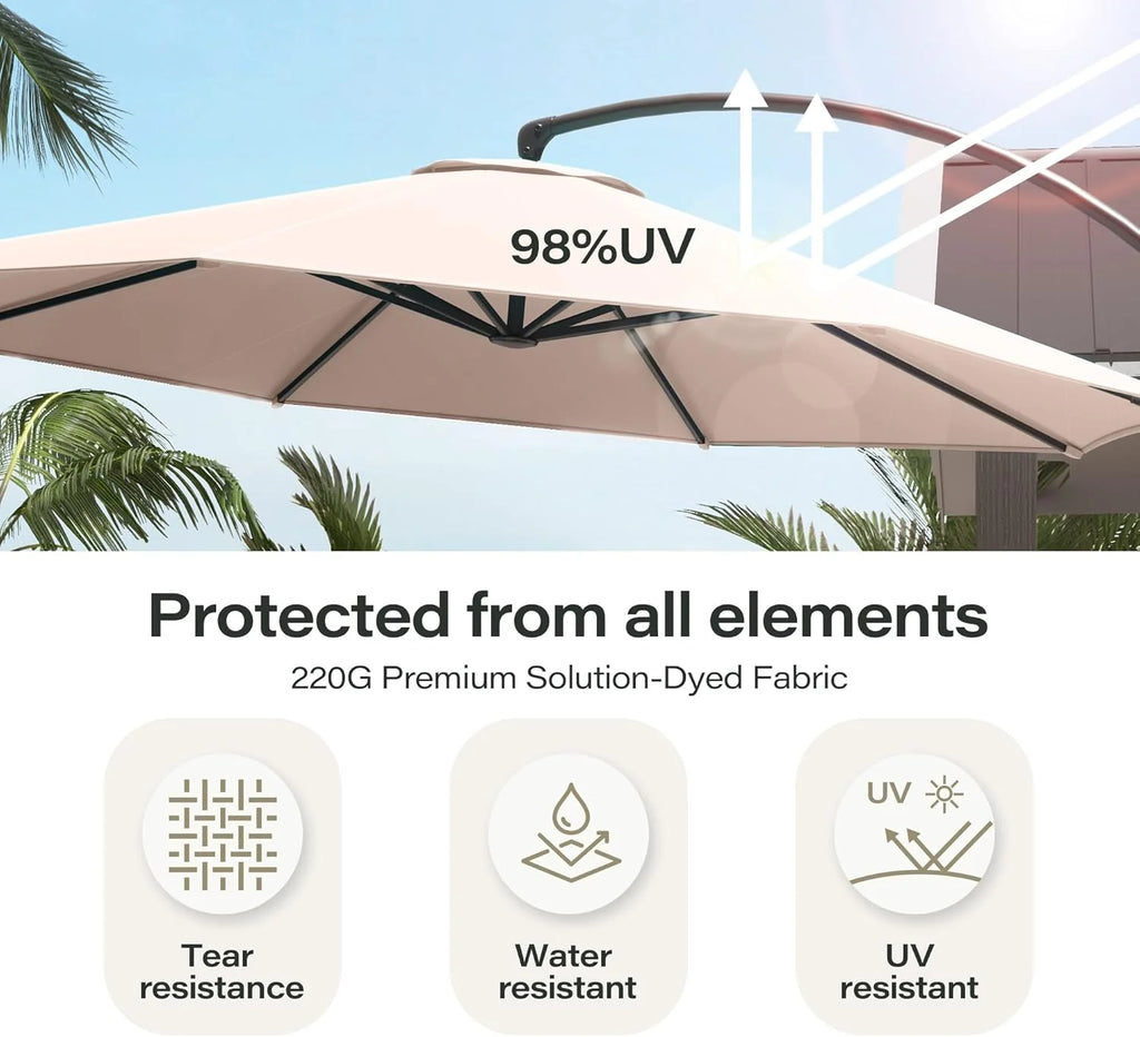 LAUSAINT HOME Outdoor Patio Umbrella with Base included, 11 FT Deluxe Curvy Cantilever Umbrella Heavy Duty Offset Hanging Umbrella with 360° Rotation for Market, Pool, Garden, Backyard, Deck (Beige)