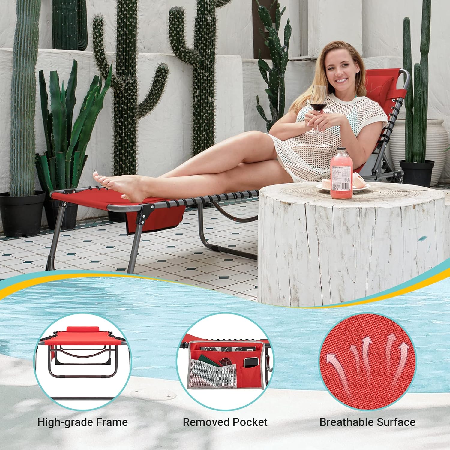 2 Pack Outdoor Chaise Lounge Chair - Portable Folding Patio Pool Lounge Chair, 5 Positions Adjustable Reclining Camping Chair with Side Table,Shoulder Strap, Pillow for Beach Sunbathing Lawn