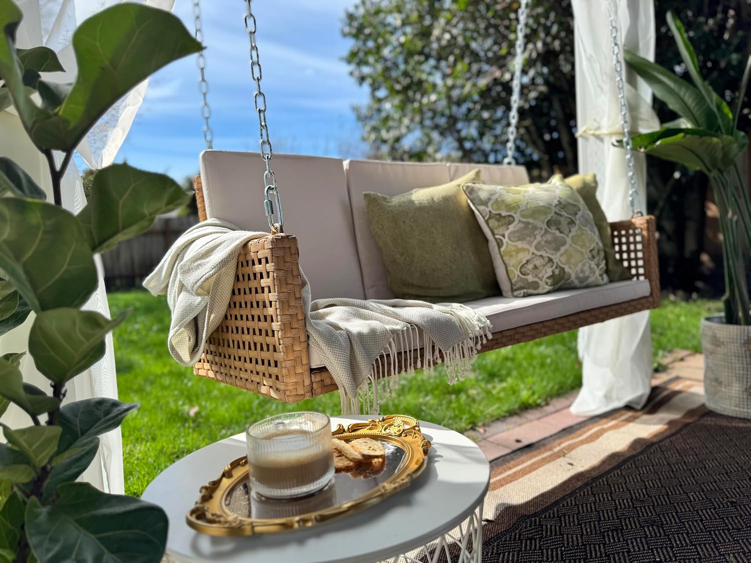 YITAHOME Hanging Porch Swing Chair Sits 3 People, Wicker Outdoor Swing Bench, Patio Lounge Chair, 1 Seating Cushion and 3 Back Cushions, w/Removable Covers, for Garden, Balcony, Backyard, Brown