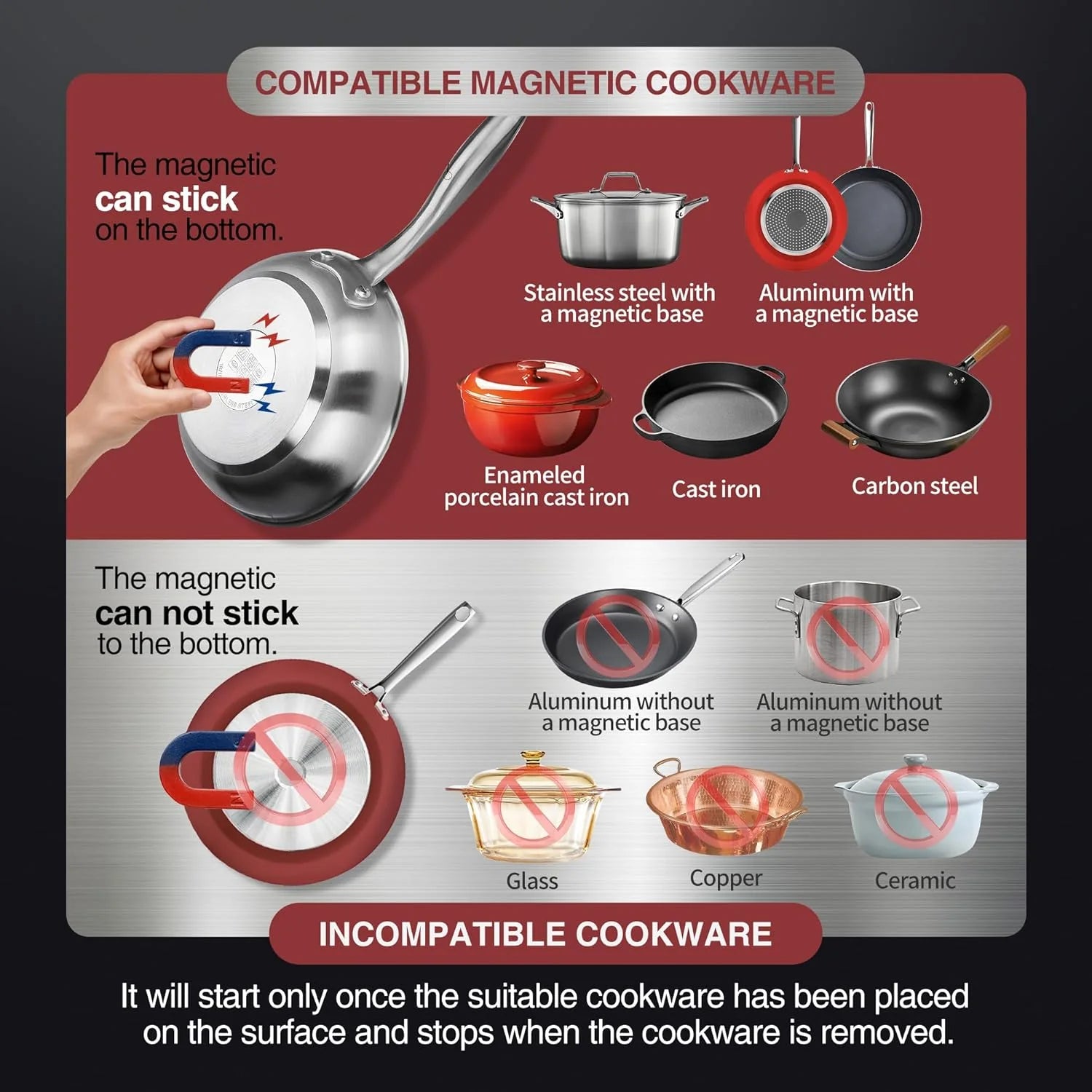 Induction Cooktop Portable Cooker with Large 8-inch Heating Coil Stainless Steel Countertop Burner