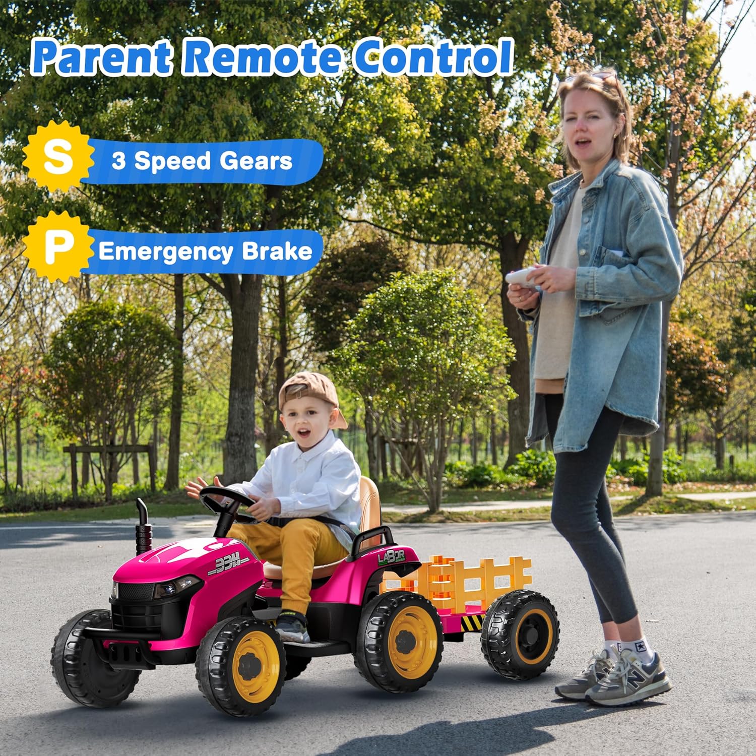 24V Ride On Tractor w/Tiltable & Detachable Trailer, 2x65W Motors, EVA Tires, Remote Control, Bluetooth, Shifter, Music, Electric Car for Kids, Green