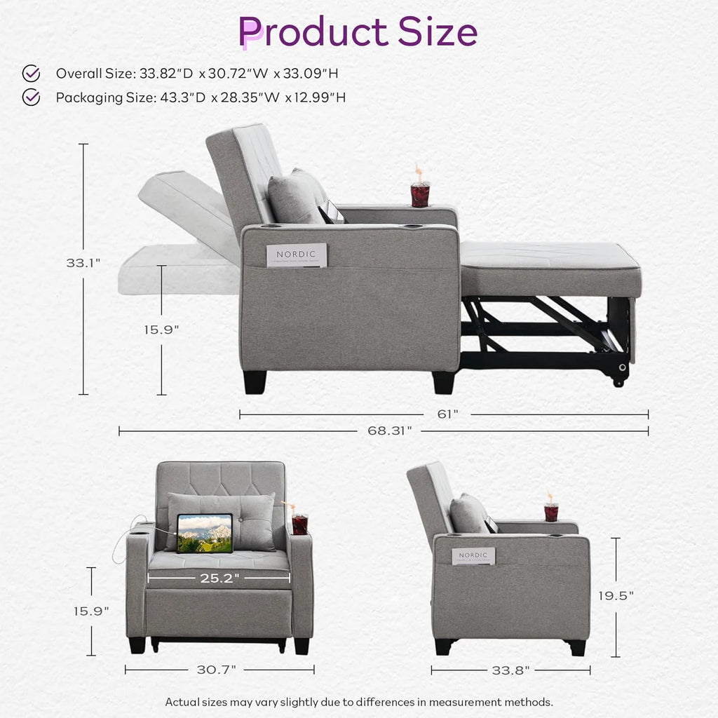 Adult Convertible Sleeper Chair Bed, 3-in-1 Pull-Out Sofa Bed with USB/Type-C Ports, Cup Holders, Side Pockets, Single Sofa
