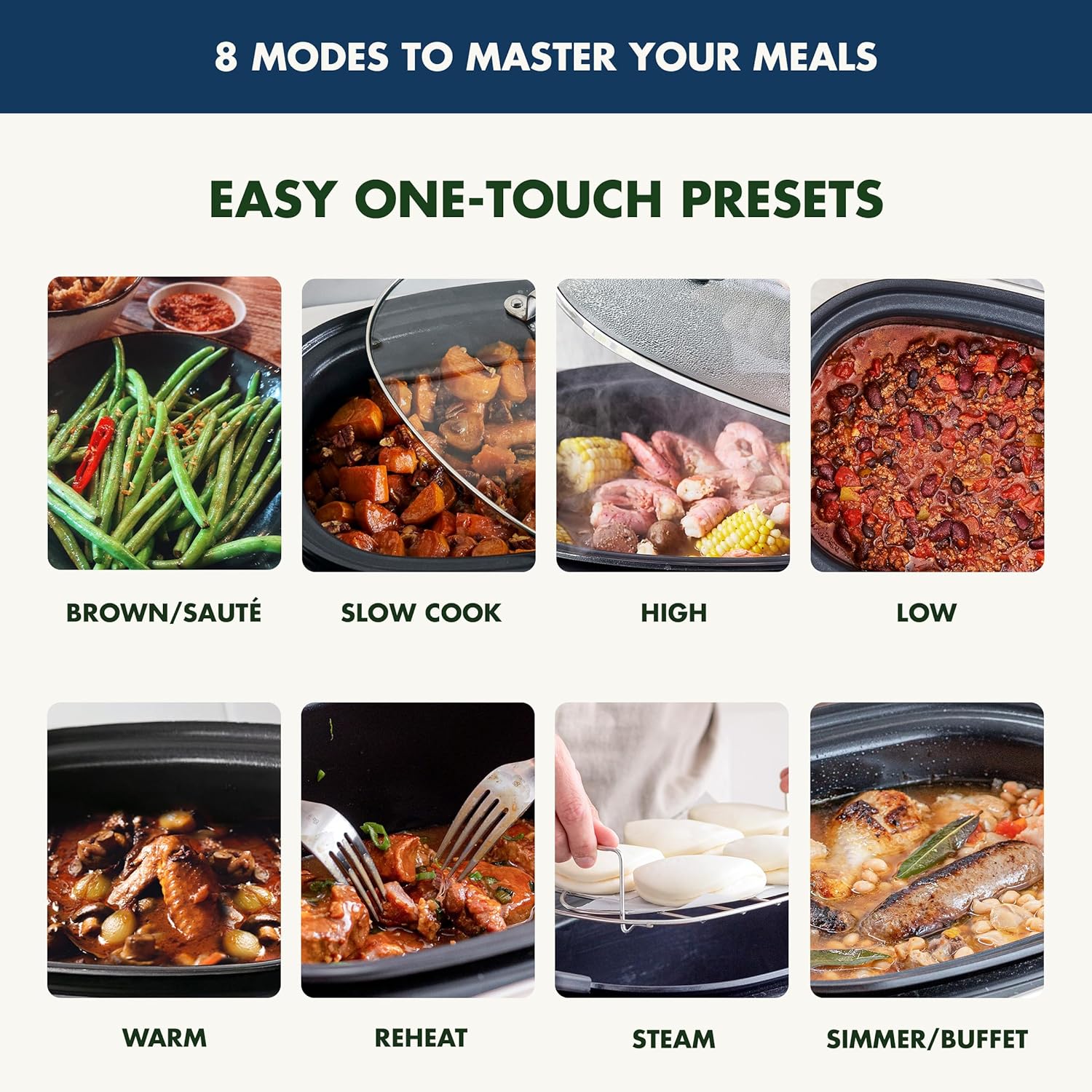 8-in-1 Programmable 6QT Electric Slow Cooker with Dishwasher-Safe Lid and Removable Base