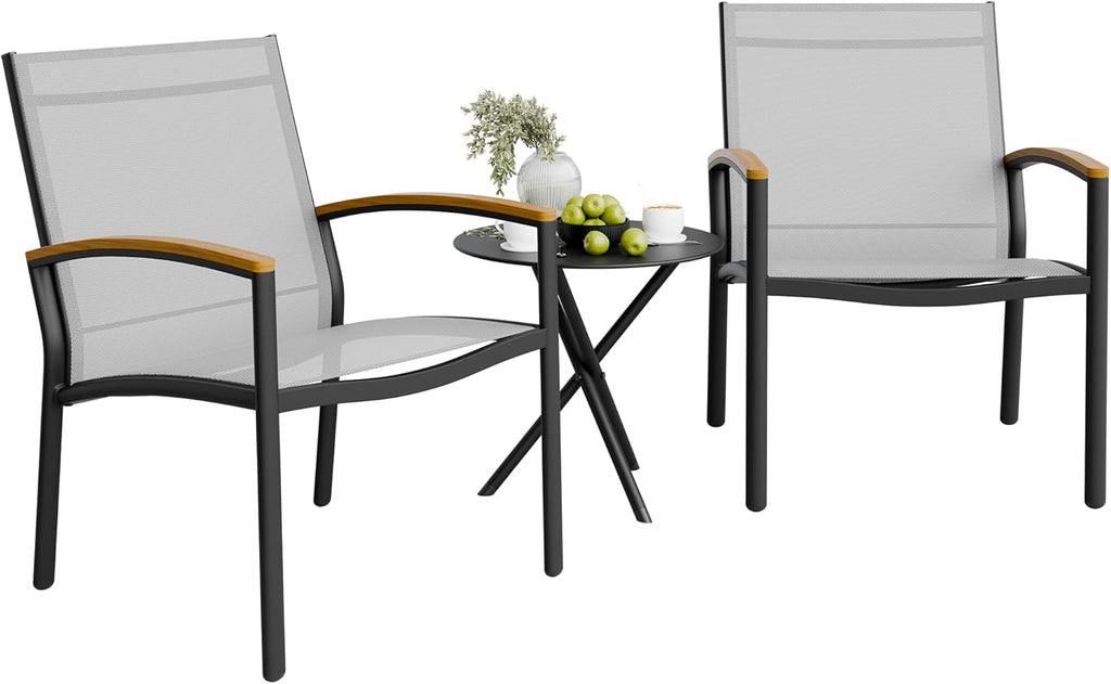 Shintenchi 3 Pieces Patio Bistro Sets, Outdoor Textilene Fabric Conversation Bistro Set, Textilene Fabric Front Porch Chairs Small Patio Furniture Set with Table for Lawn,Garden,Balcony (Black)