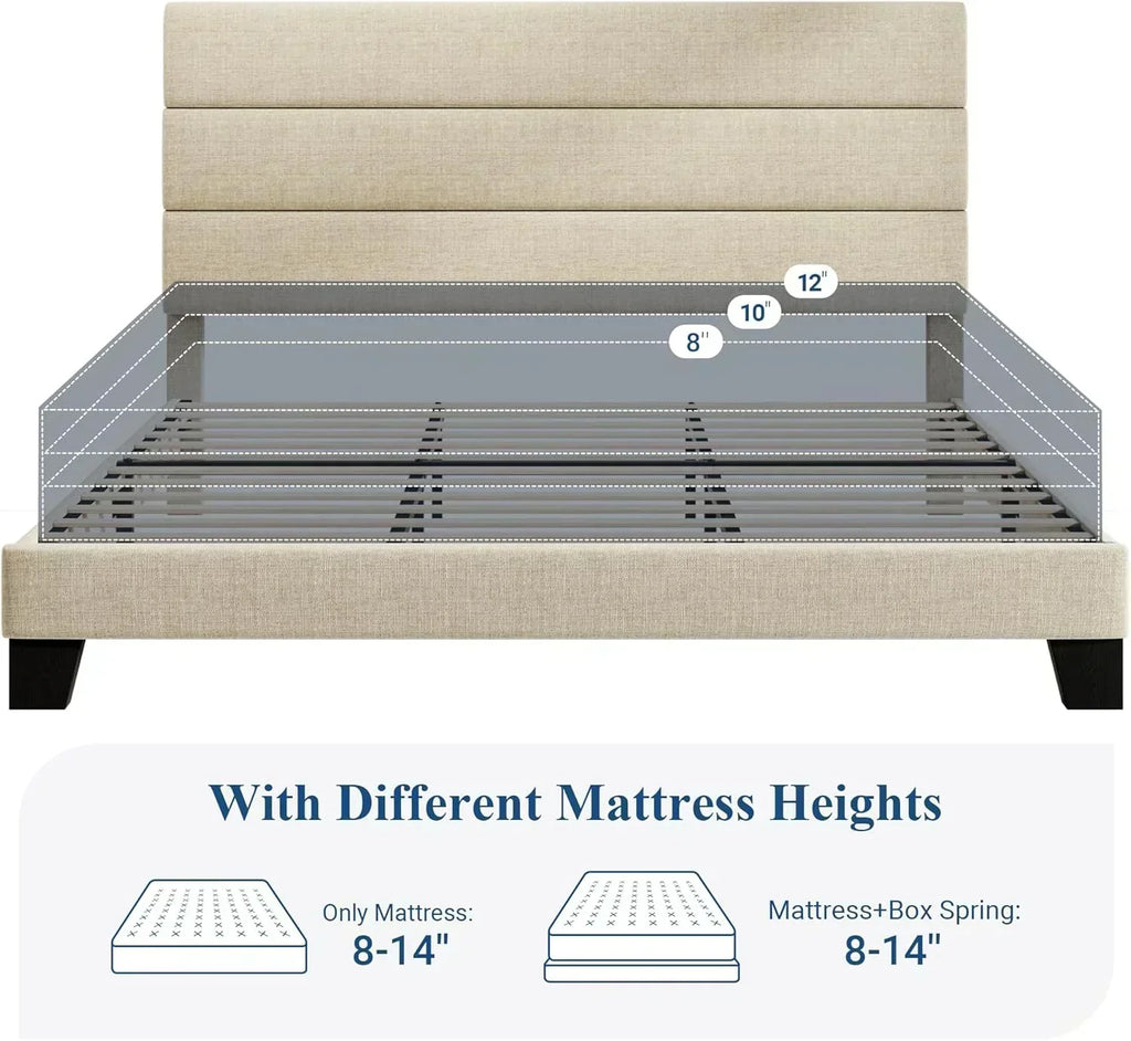 Allewie King size platform bed frame with velvet upholstered headboard and planks