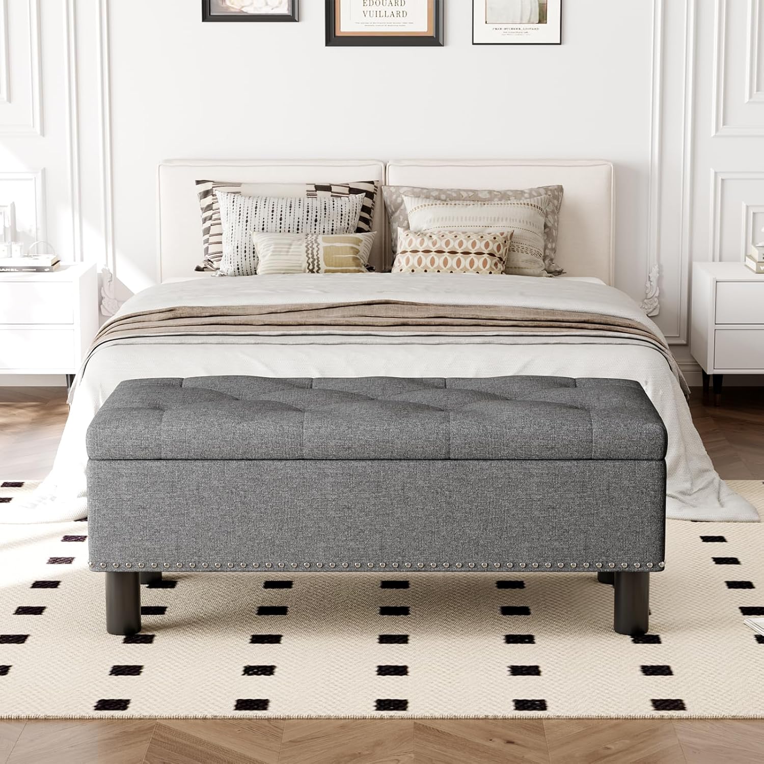Furniliving Modern Storage Ottoman Bench, Sherpa Ottoman End of Bed Bench with Solid Wood Legs Upholstered Ottoman Benches with Storage Indoor Bench