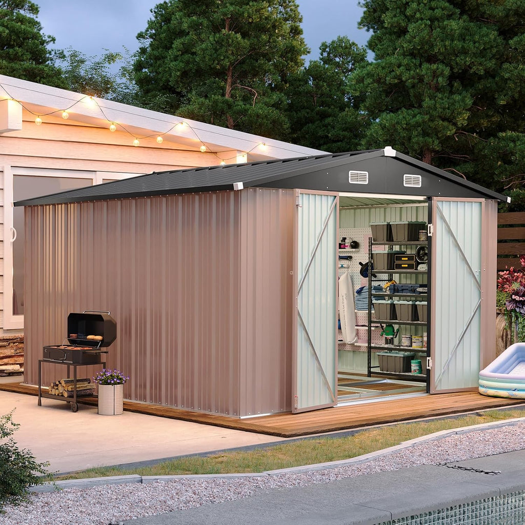 Aoxun 12x10 FT Shed Metal Outdoor Waterproof Storage Shed Steel Utility Garden Tool Shed with Door & Lock Outdoor Storage for Garden Patio Lawn Poolside, Brown