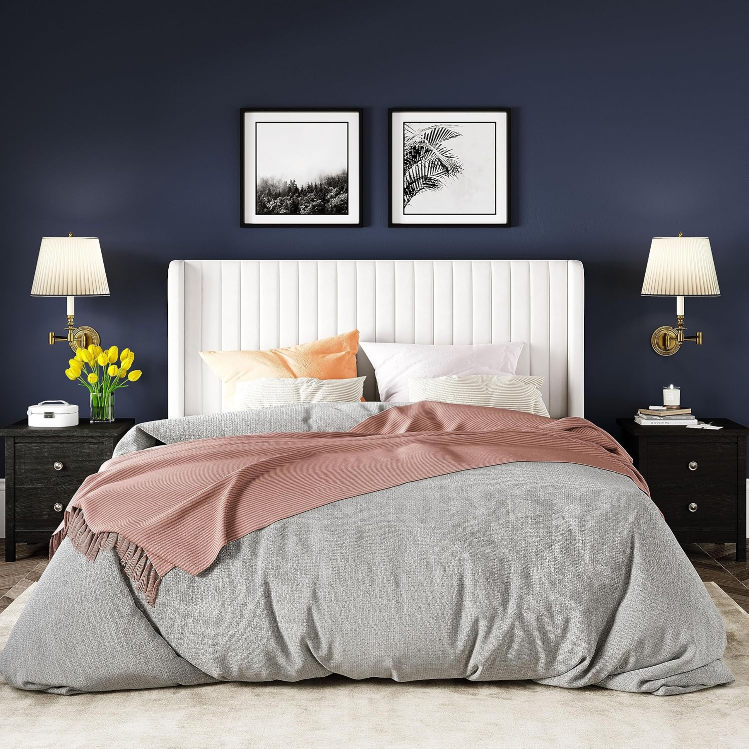 Allewie Full Size Velvet Bed Frame Vertical Channel Tufted Wingback Headboard Upholstered Bed