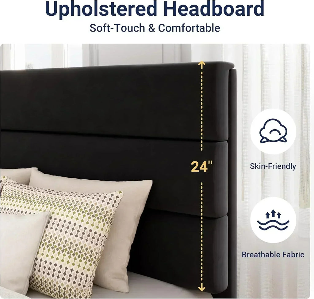 Allewie Queen Size Platform Bed Frame with Fabric Upholstered Headboard Wooden Slats Support