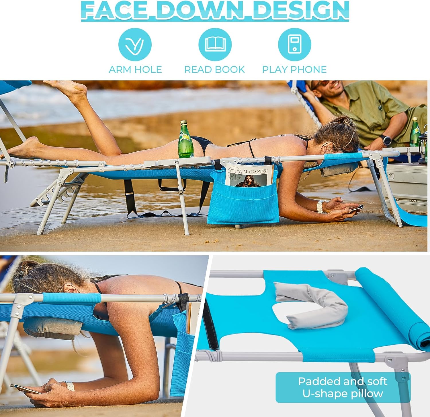 2 Pack Outdoor Chaise Lounge Chair - Portable Folding Patio Pool Lounge Chair, 5 Positions Adjustable Reclining Camping Chair with Side Table,Shoulder Strap, Pillow for Beach Sunbathing Lawn