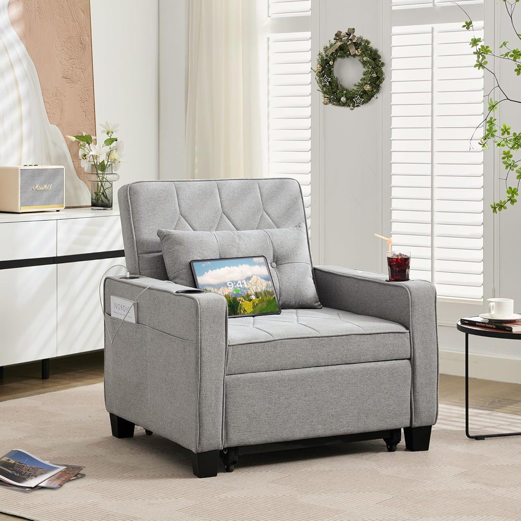 Adult Convertible Sleeper Chair Bed, 3-in-1 Pull-Out Sofa Bed with USB/Type-C Ports, Cup Holders, Side Pockets, Single Sofa