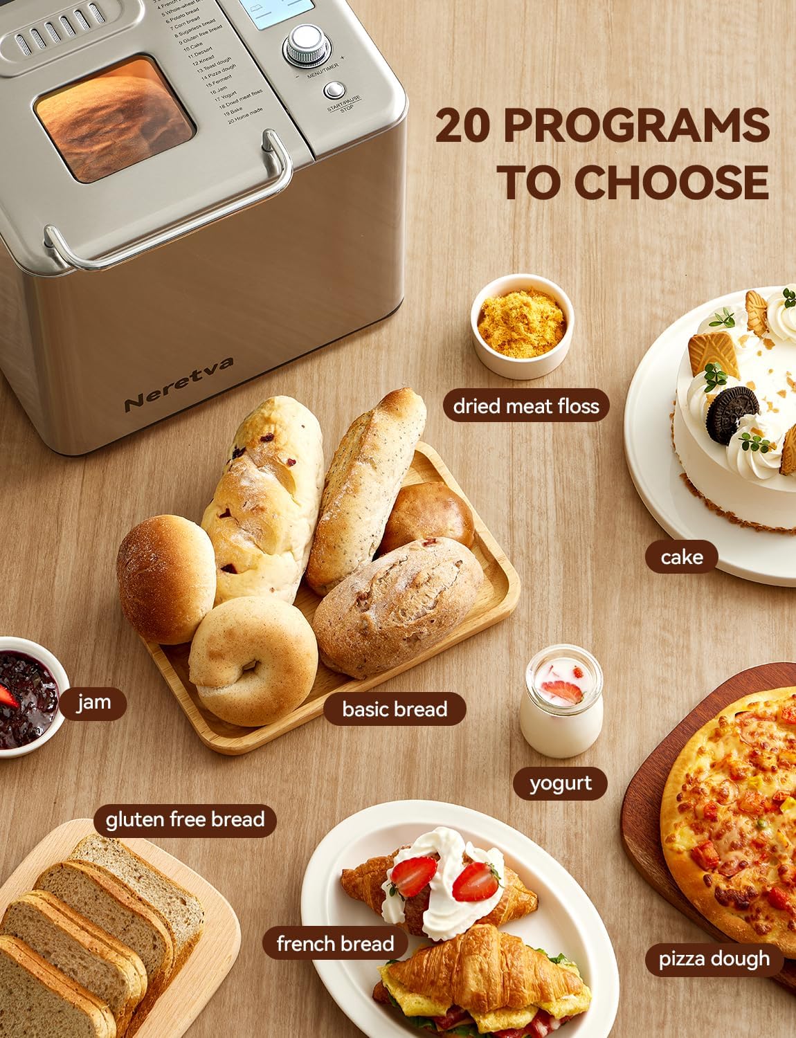 Neretva Bread Maker, 20-in-1 2LB Bread Maker Dual Heater Bread Maker Automatic with Non-Stick Ceramic Pan
