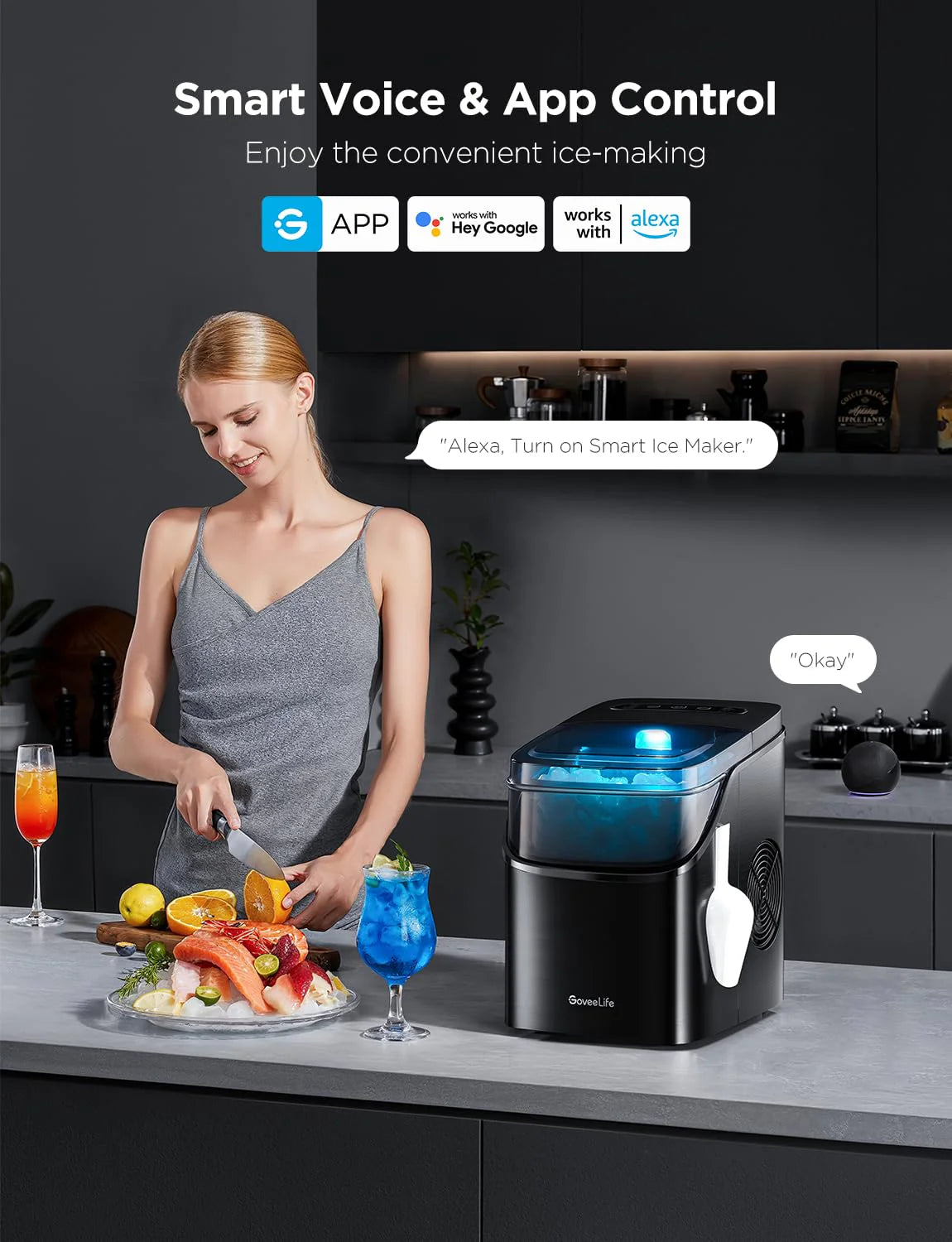 GoveeLife Smart Ice Maker Countertop, Portable Ice Machine with Voice Control, 9 Ice Cubes in 6 Minutes 3 Sizes, 26lbs/24Hrs, Self Cleaning RGB Lights, Quiet Ice Maker with Scoop for Kitchen Silver