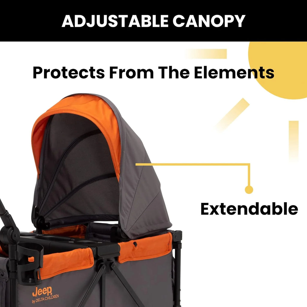 Jeep Sport All-Terrain Stroller Wagon by Delta Children - Includes Canopy, Parent Organizer, Adjustable Handlebar, Snack Tray & Cup Holders, Grey/Olive Green