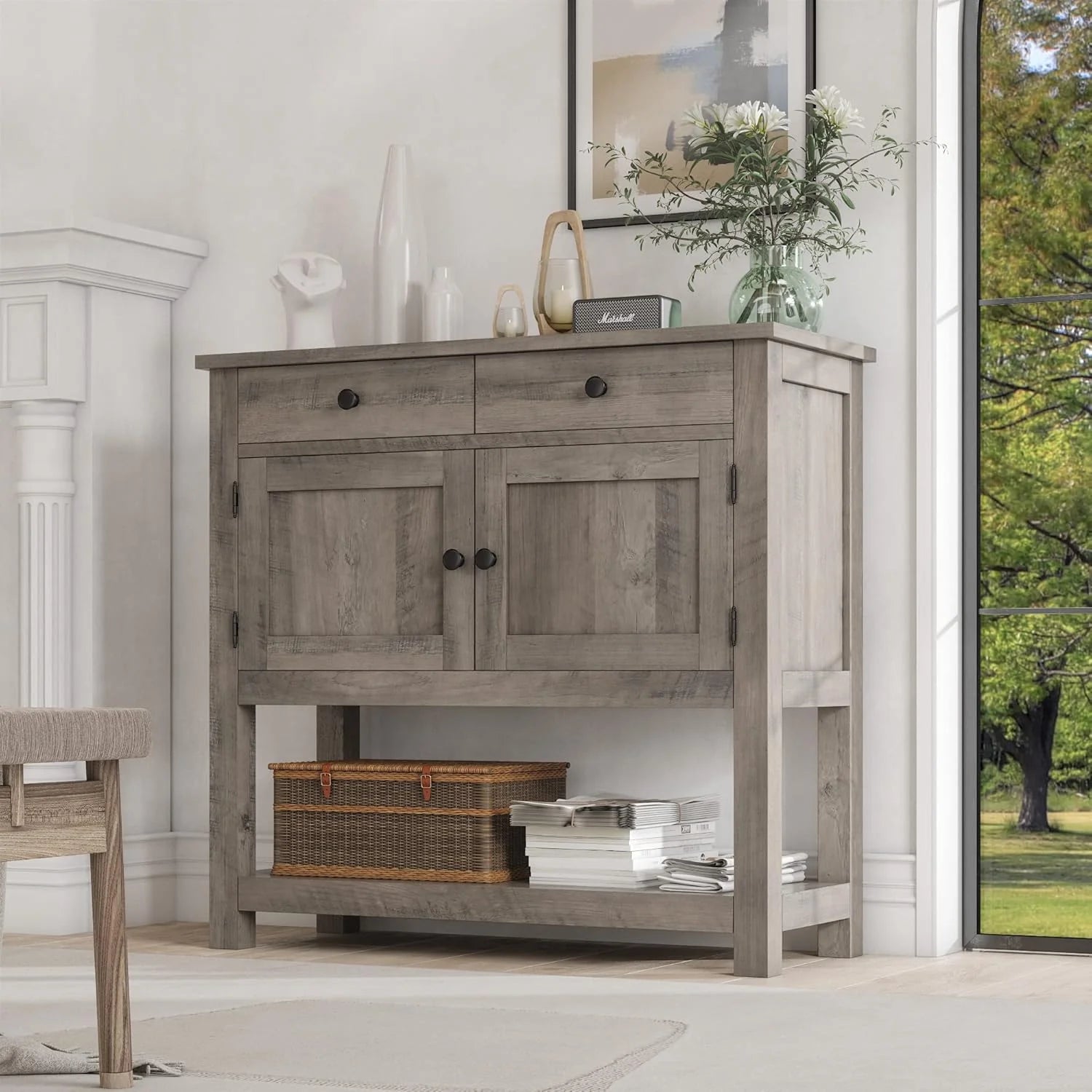 Farmhouse style console table coffee bar, entry table with storage rack, sofa table buffet sideboard