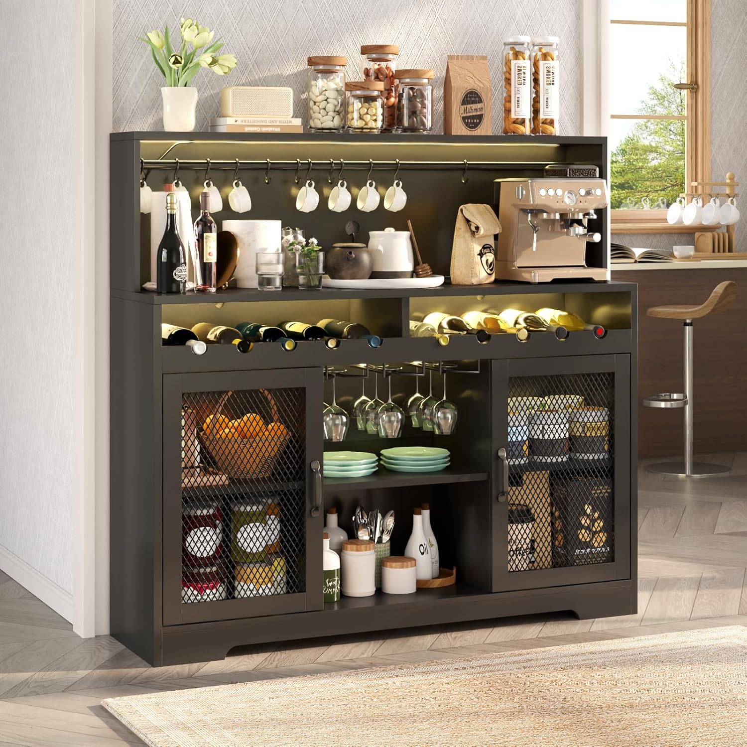 Wine Bar Cabinet with LED Light, Liquor Cabinet with Glass Holder, Coffee Bar for Liquor, Storage Buffet with Wine Racks, Wine Cabinet