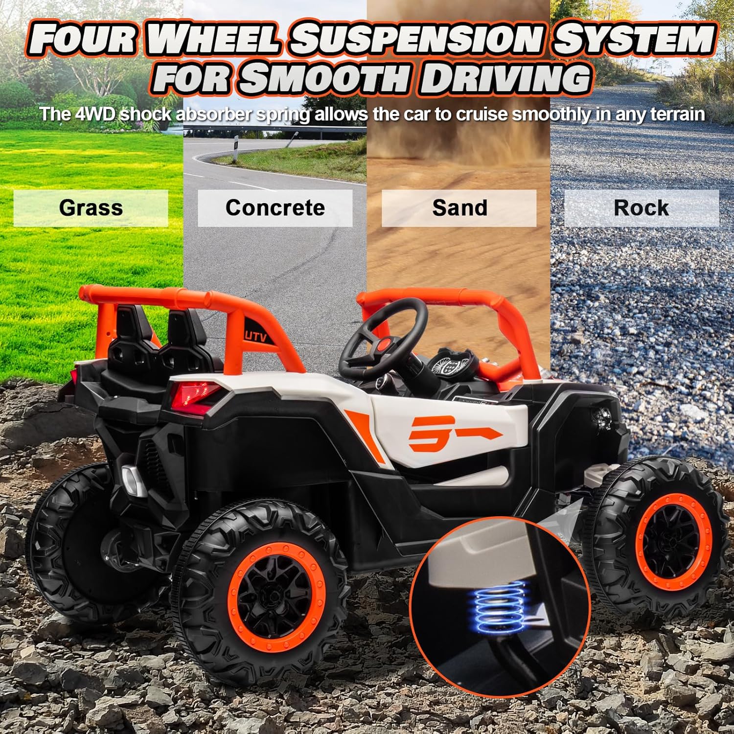 JOYRACER Kids Remote Control Car with 4 x 150W Motors, Shock Absorbers, Bluetooth, MP3 Player, and Headlights