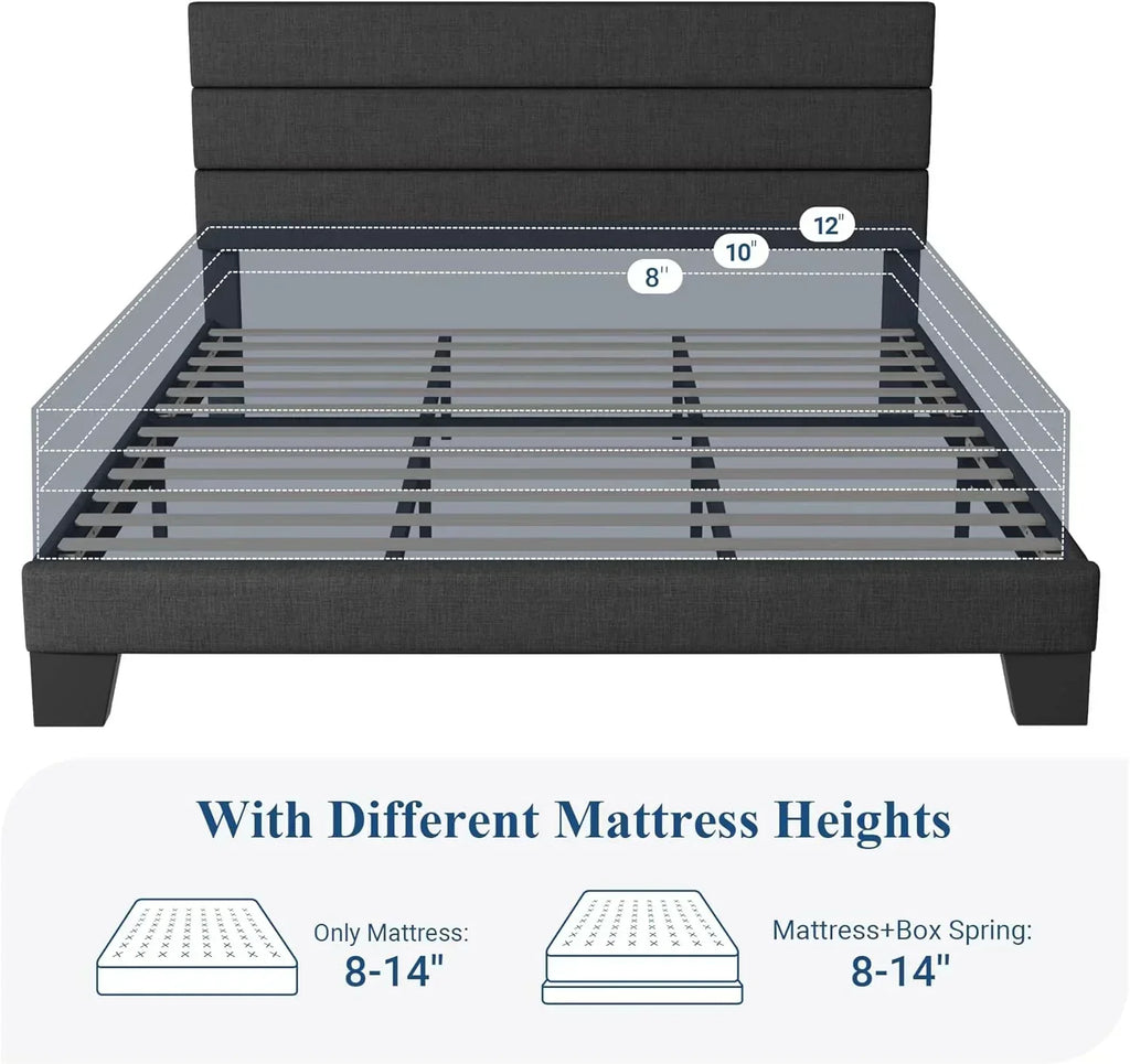 Allewie King size platform bed frame with velvet upholstered headboard and planks