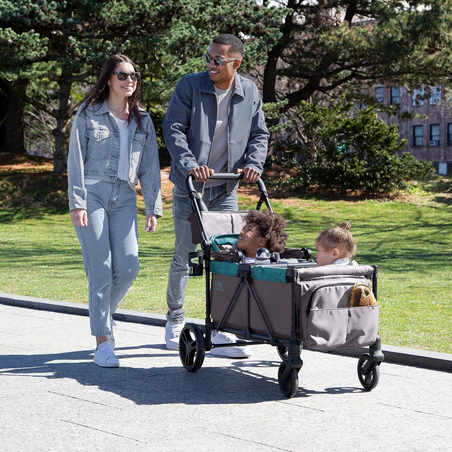 Jeep Sport All-Terrain Stroller Wagon by Delta Children - Includes Canopy, Parent Organizer, Adjustable Handlebar, Snack Tray & Cup Holders, Grey/Olive Green