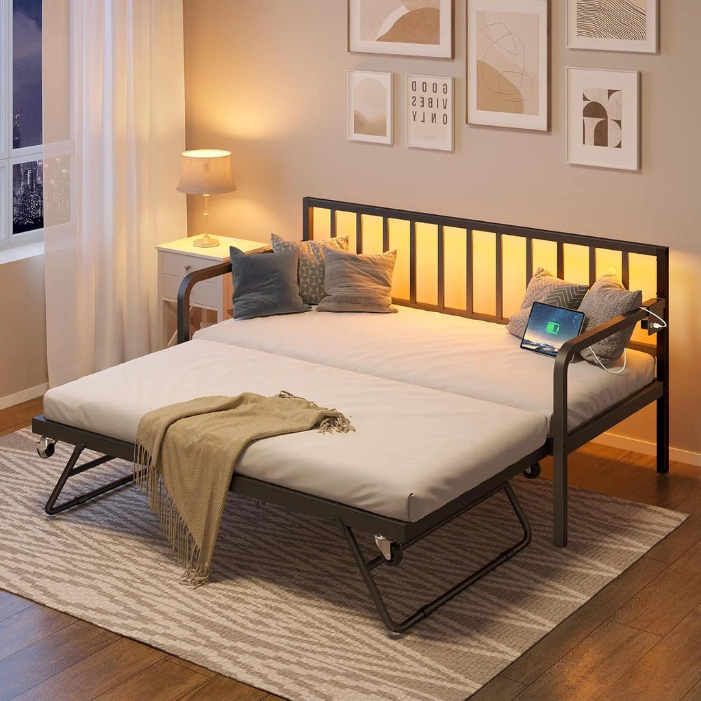 Rolanstar Daybed with Charging Station and LED Lights, Height Adjustable Twin Daybed with Trundle, Metal Sofa Bed Frame with Steel Slat Support