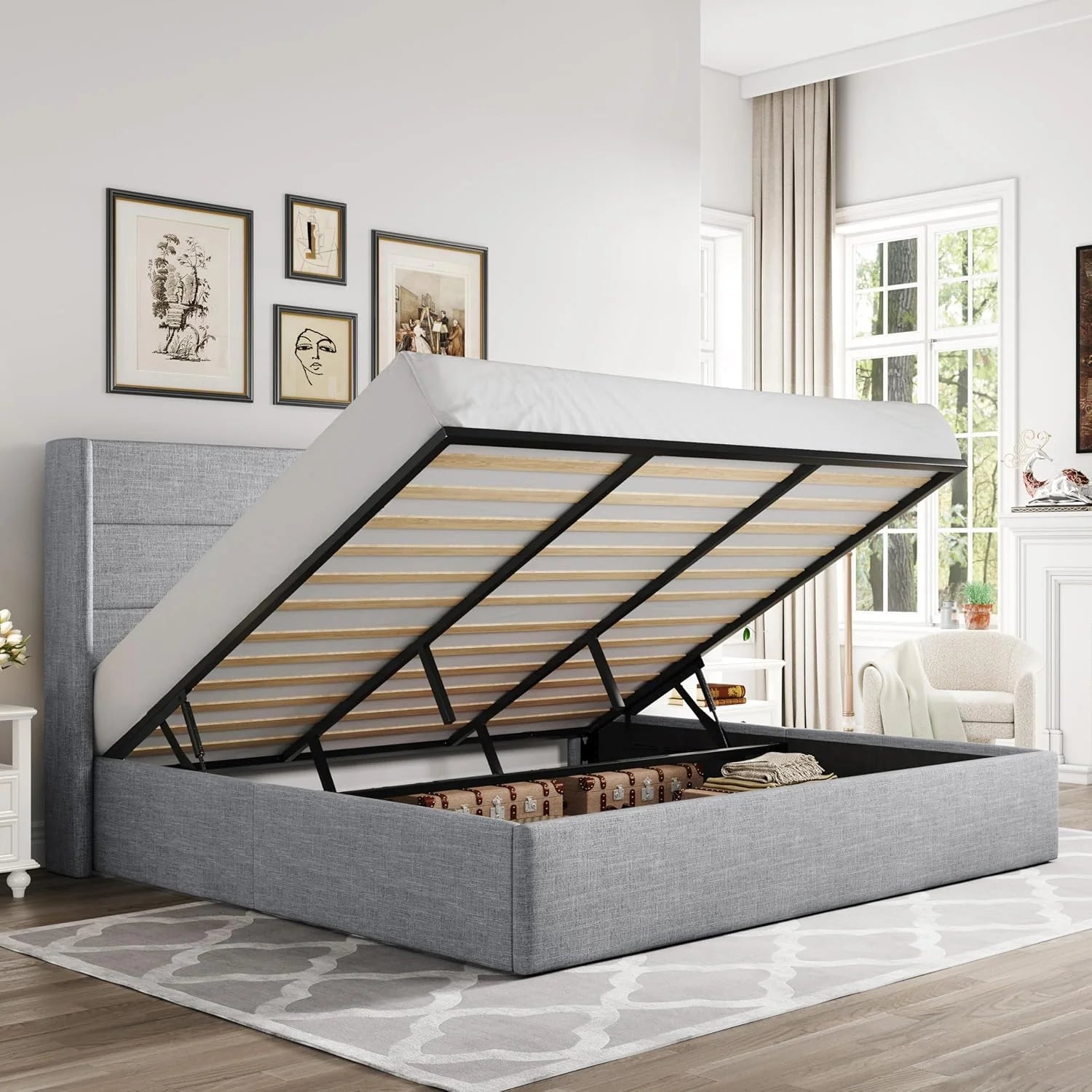 Allewie Queen Size Lift Up Storage Bed Modern Wingback Headboard Hydraulic Support